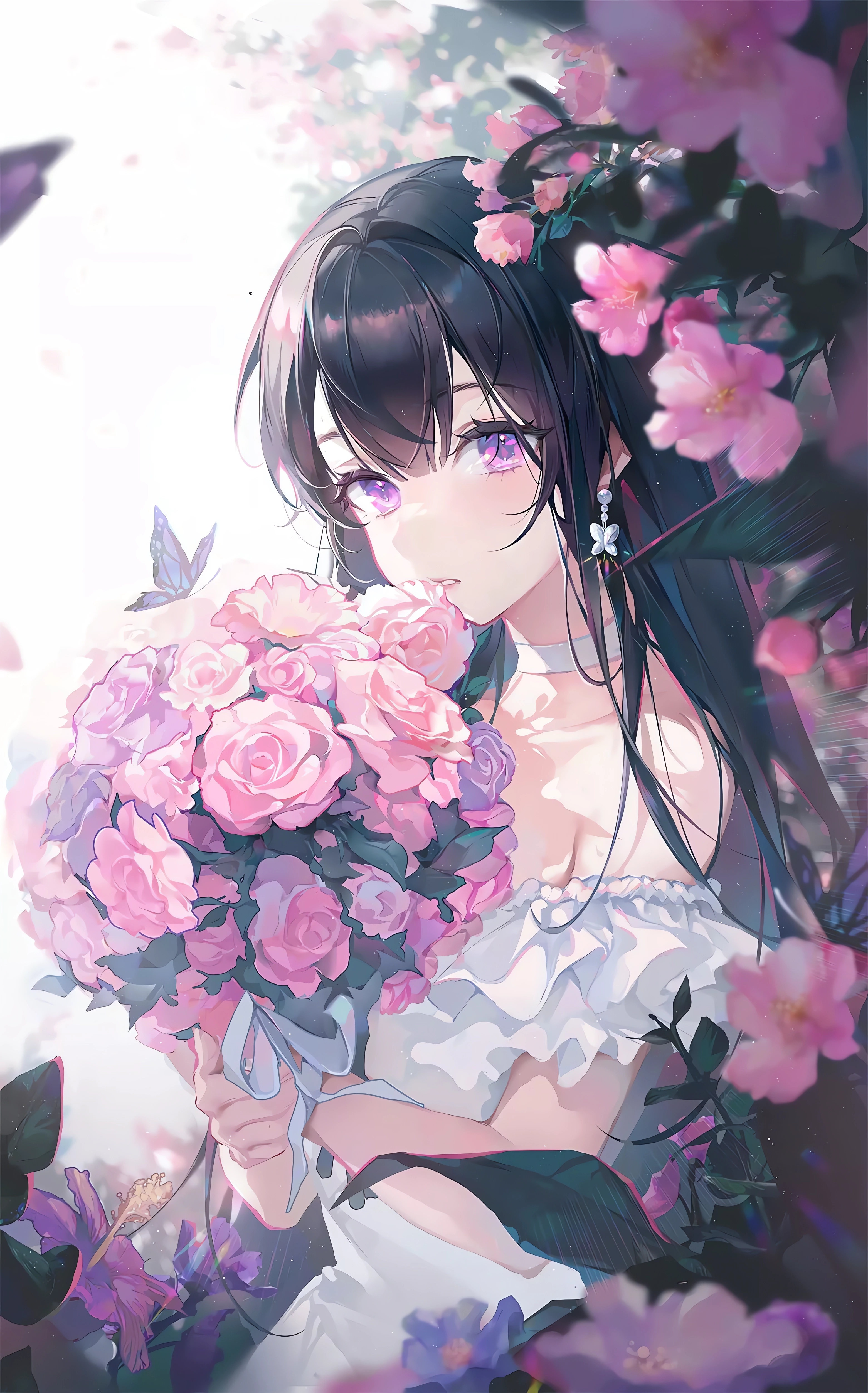 Anime Anime Girls Flowers Leaves Looking At Viewer Long Hair Portrait Display Butterfly Earring Chok 3120x5006