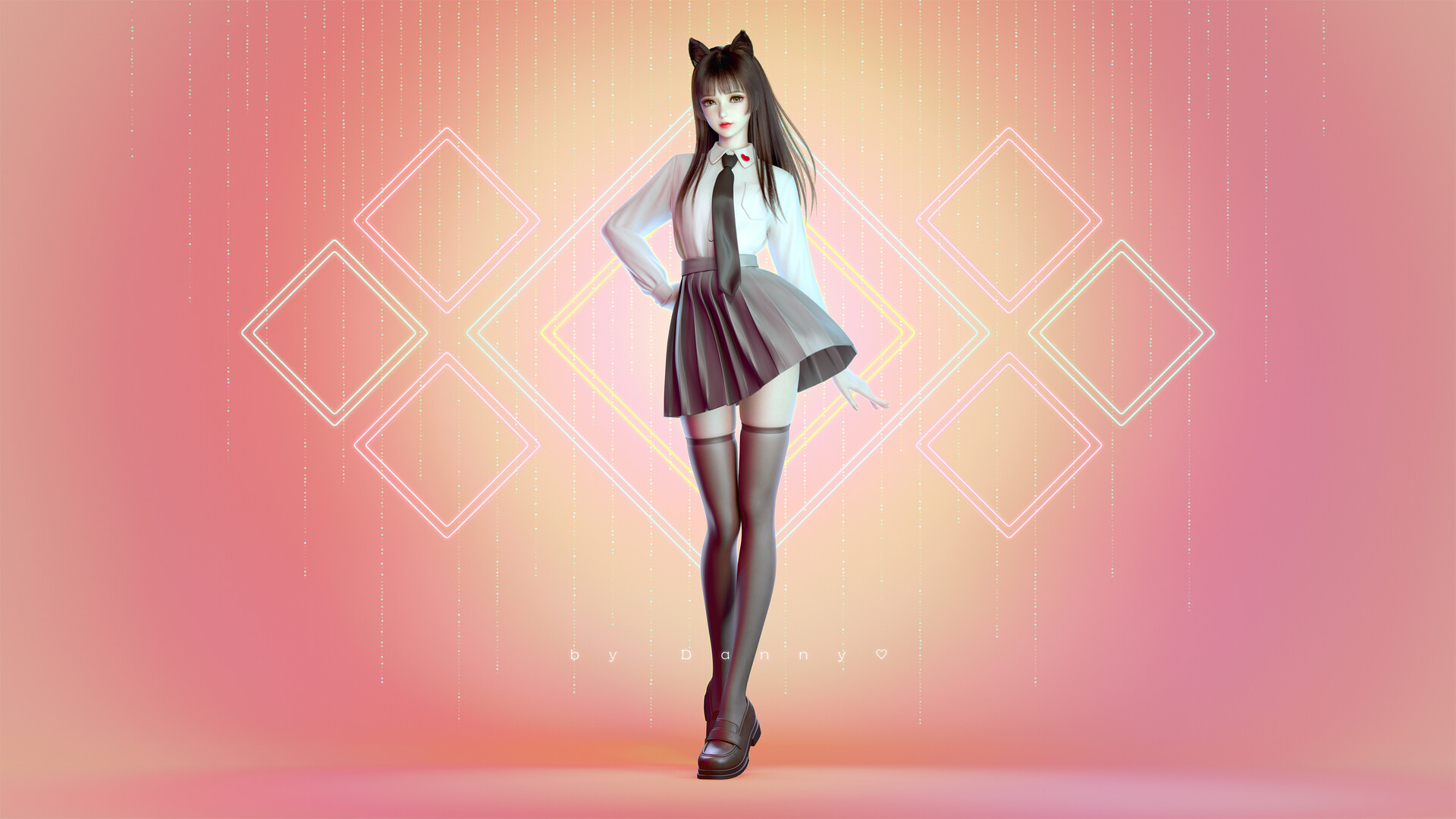 Digital Art Artwork Illustration Women Simple Background Skirt Long Hair Dark Hair Necktie Cat Ears  1920x1080