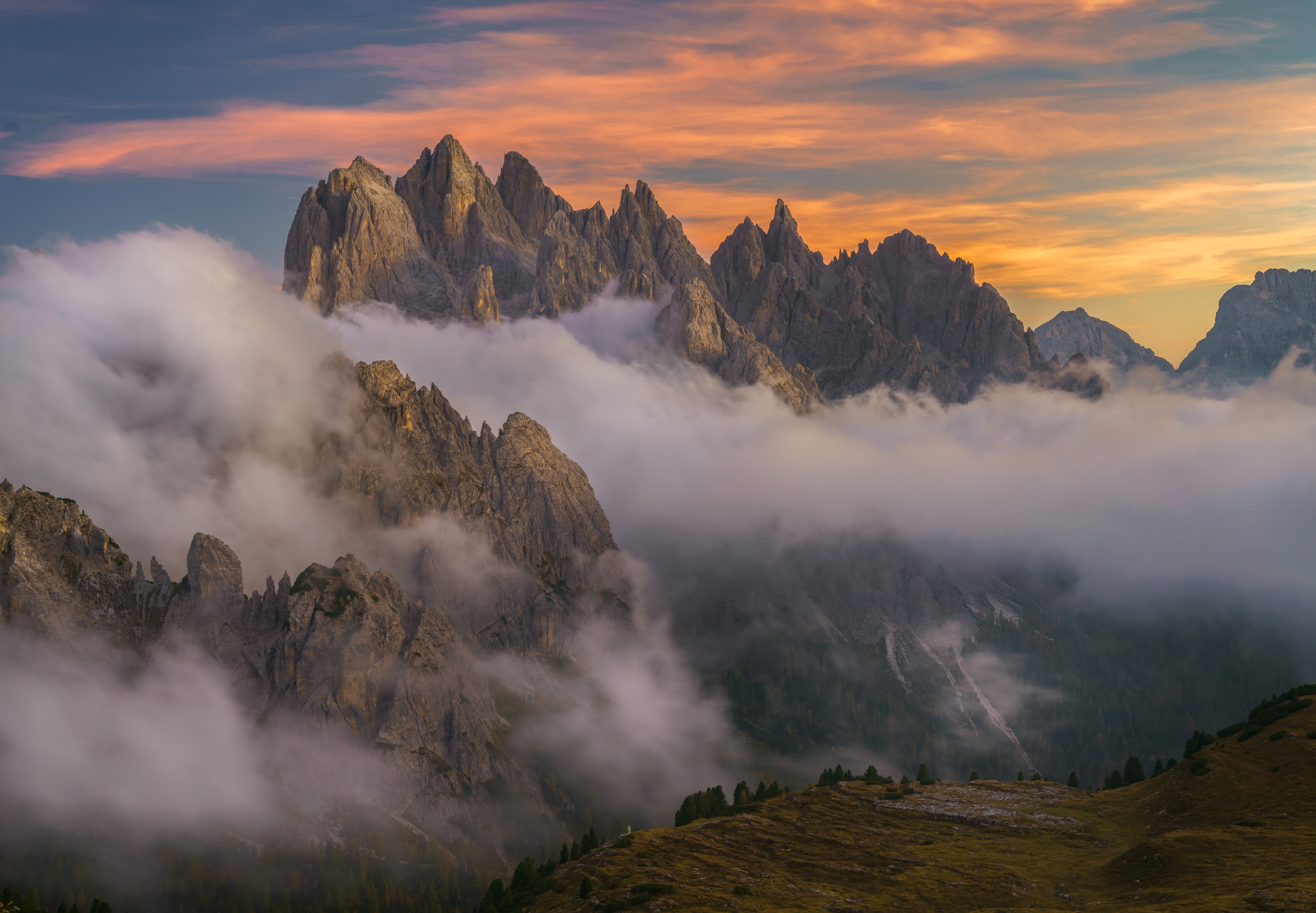 Mountains Clouds Sunset Mist Nature Dolomites Field Cliff Landscape Sunset Glow Sky Trees 7647x5304