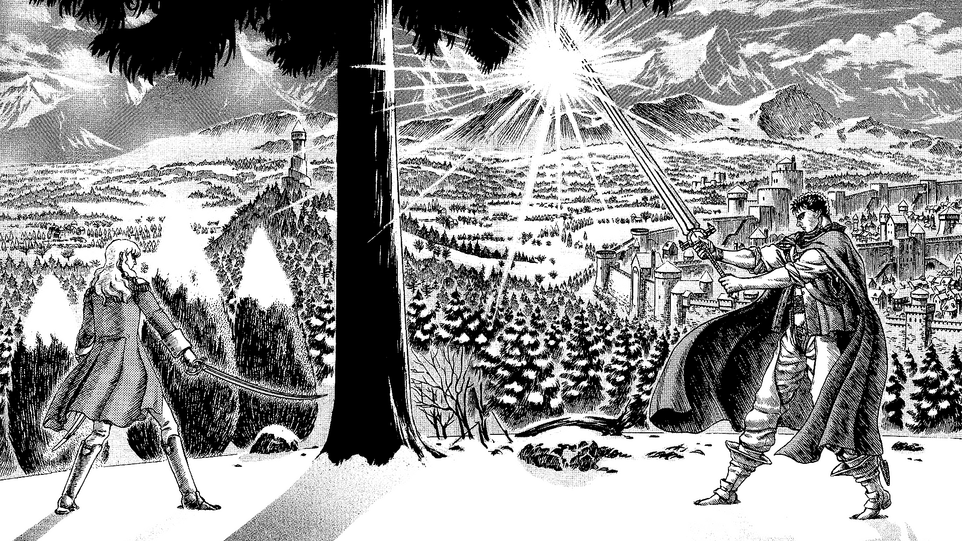 Berserk Guts Griffith Manga Anime Men Sword Cape Sunlight Landscape Snow Mountains Trees Weapon 1920x1080