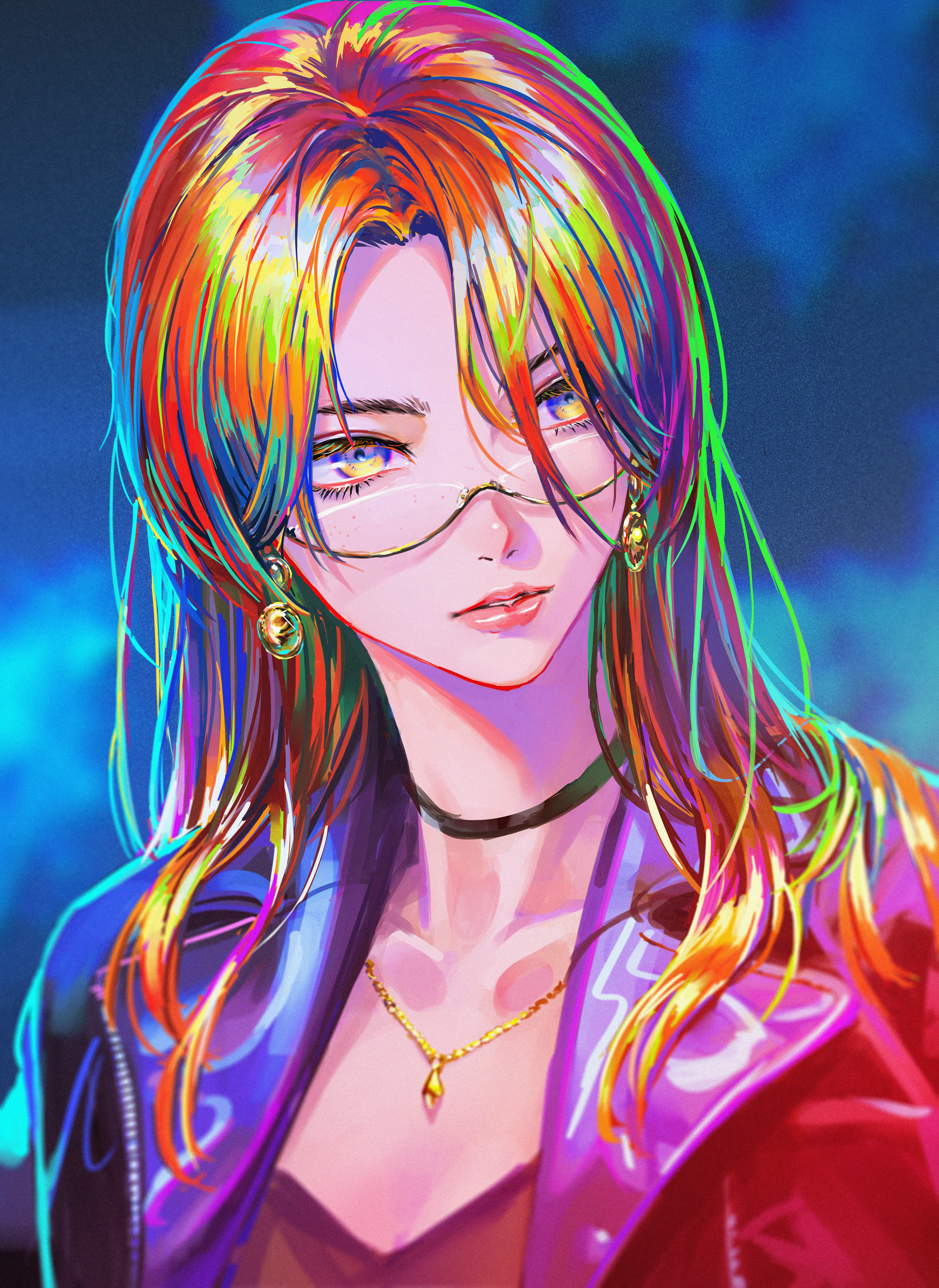 Anime Girls Colorful Rainbow Hair Glasses Vertical Multi Colored Hair 4096x5619