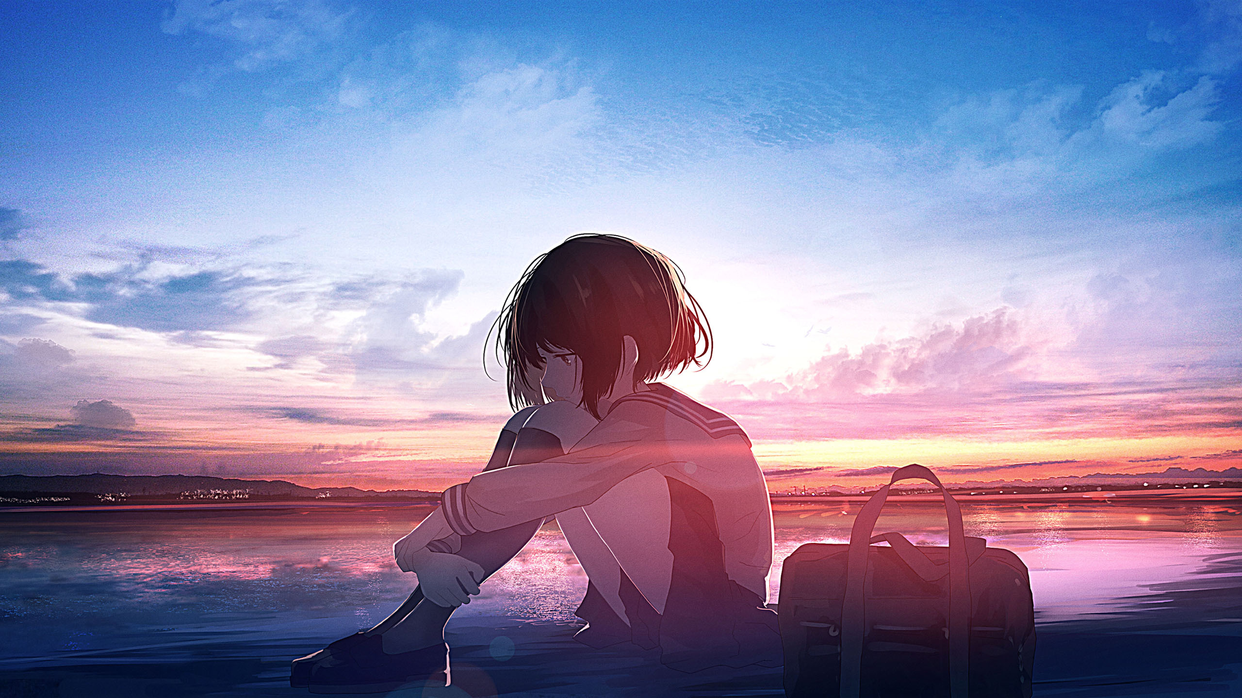 Alone Anime Girls School Uniform Artwork Mifuru Schoolgirl Looking Away Sunset Sunset Glow Sky Cloud 2560x1440