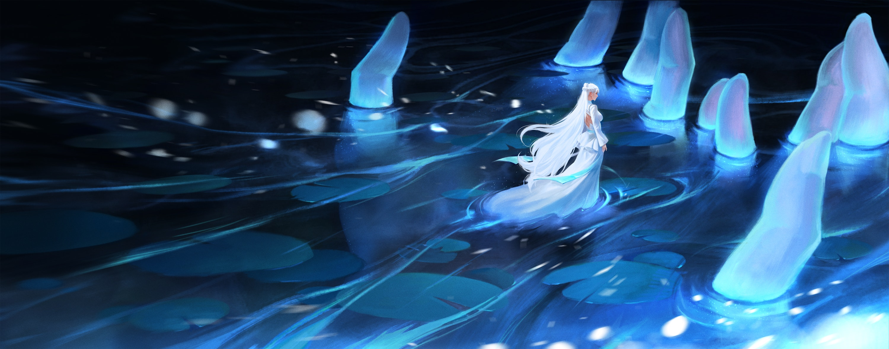 Digital Art Artwork Illustration Anime Anime Girls Hands Water Lake Long Hair White Hair White Dress 3000x1179
