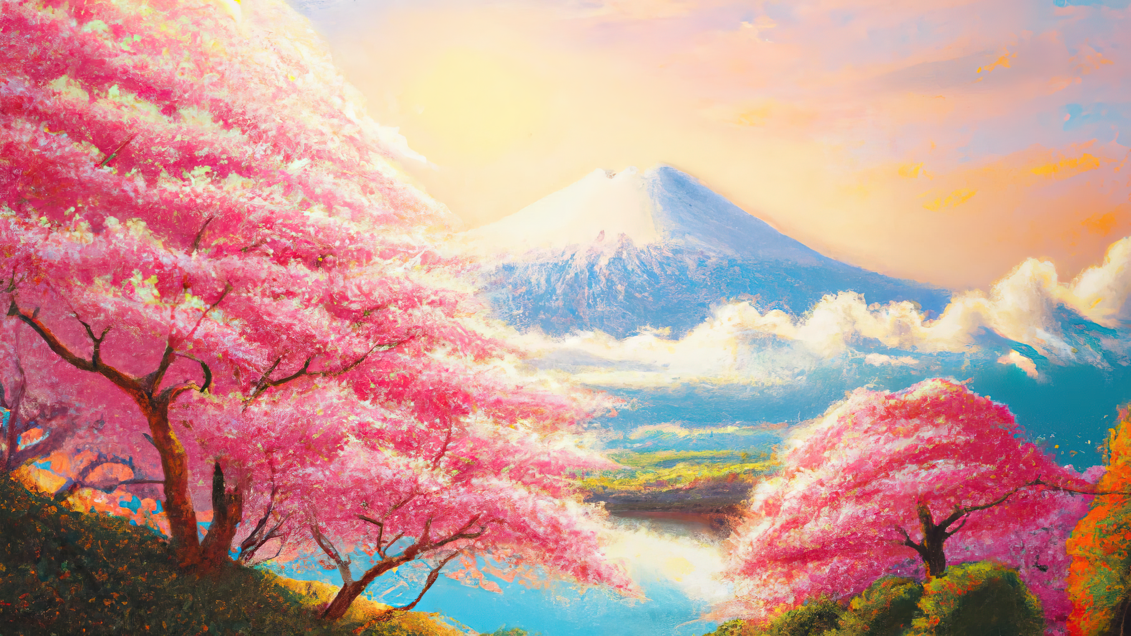 Ai Art Ai Painting Painting Japan Mount Fuji Mountains Cherry Blossom Landscape Nature Artwork 3840x2160