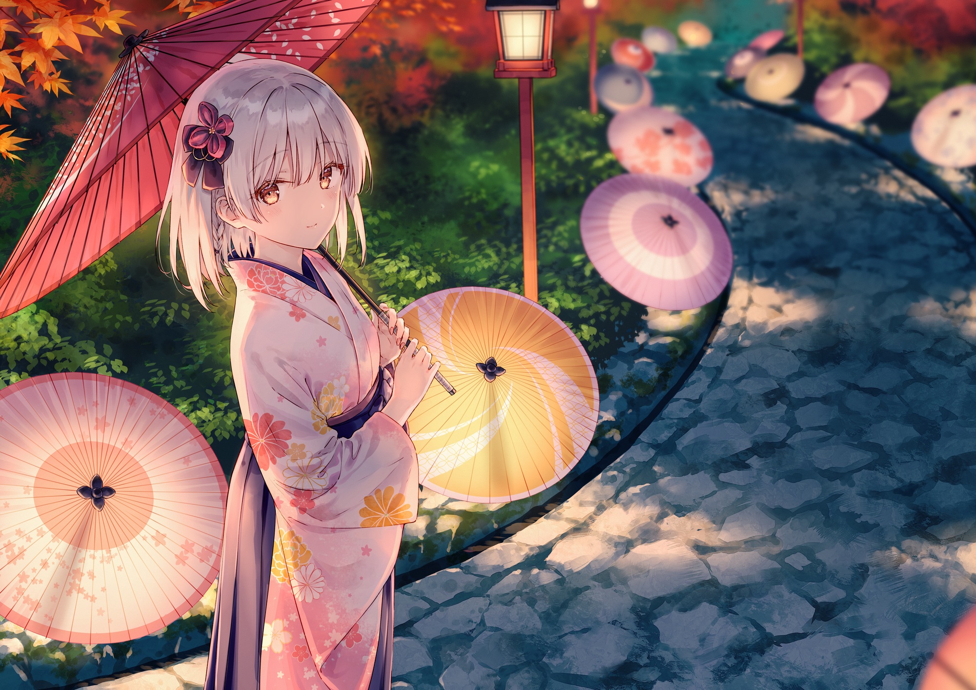Anime Girls Gray Hair Yellow Eyes Kimono Umbrella Leaves Maple Leaves Smiling Shoulder Length Hair L 2000x1414