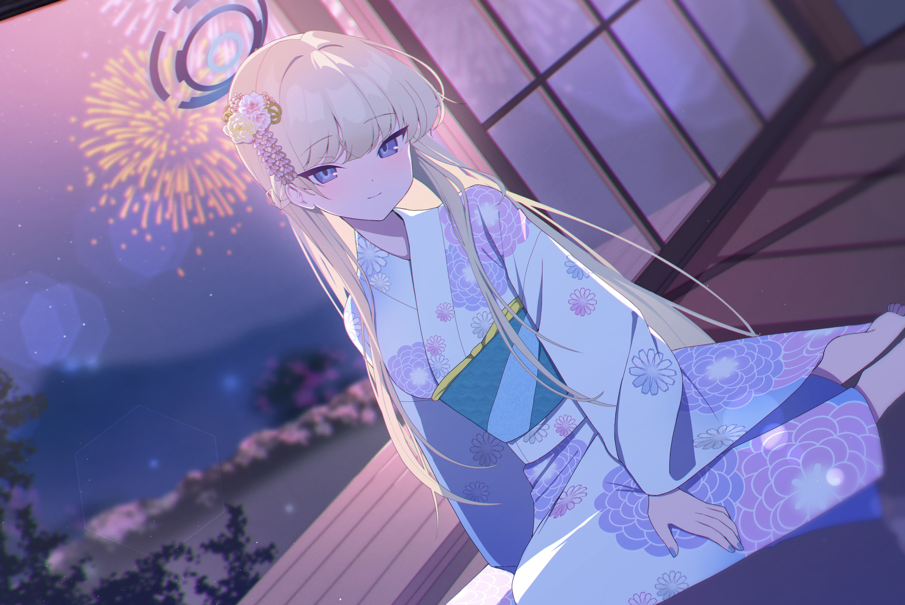 Anime Anime Girls Asuma Toki Blue Archive Blue Archive Fireworks Kimono Flower In Hair Looking At Vi 3025x2025