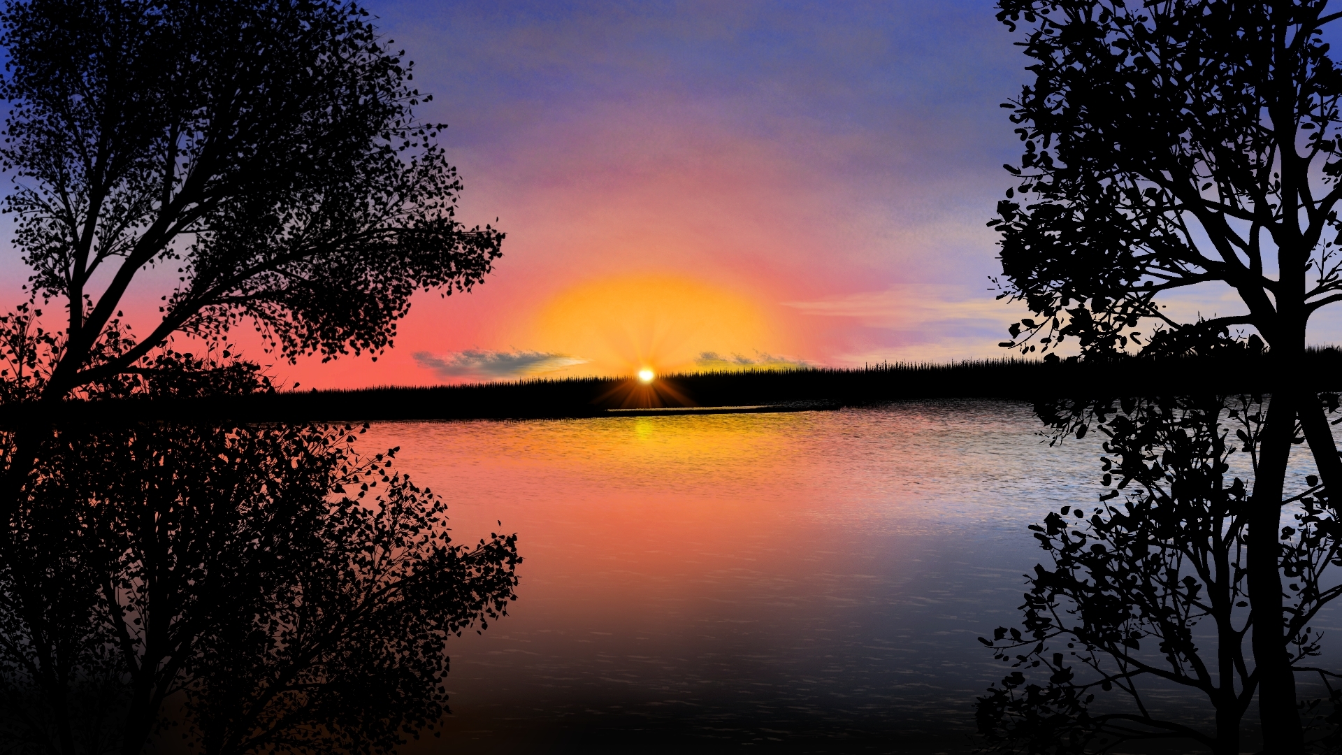 Digital Painting Digital Art Landscape Nature Twilight Silhouette Sun Sunset Sunset Glow Water Trees 1920x1080