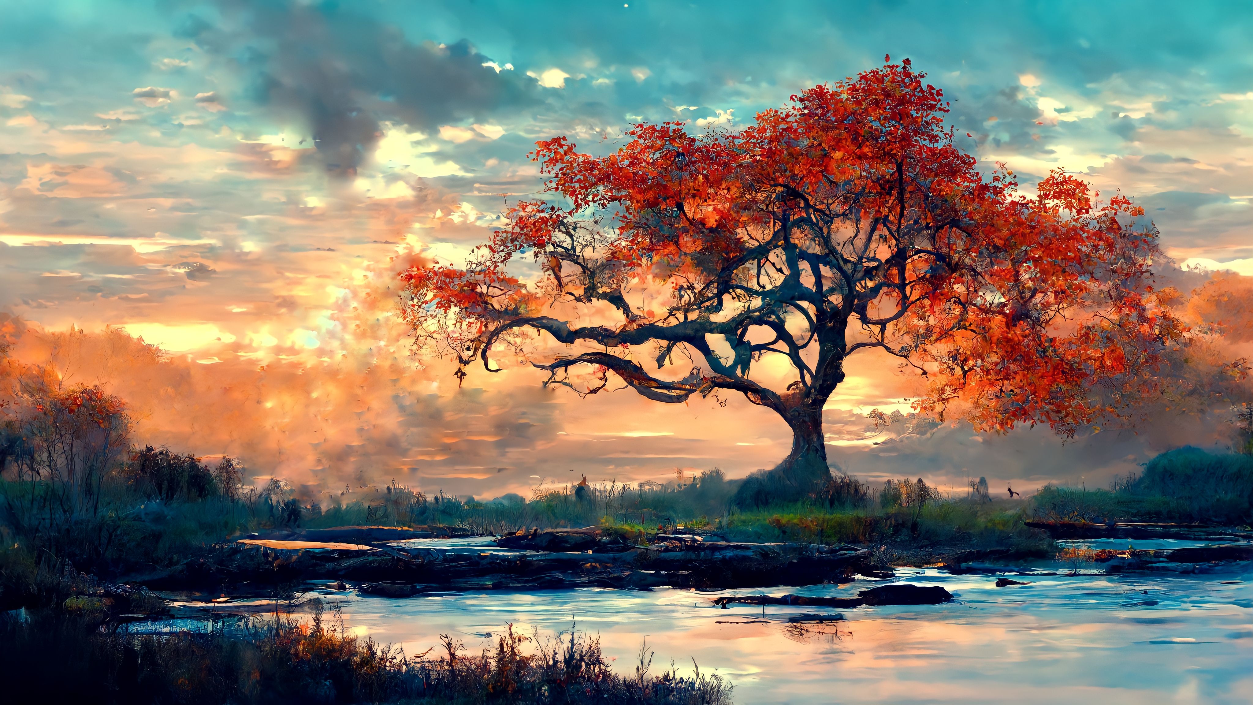 Red Trees Trees Landscape Lake Plants Sunset Branch Clouds Ai Art 4096x2304