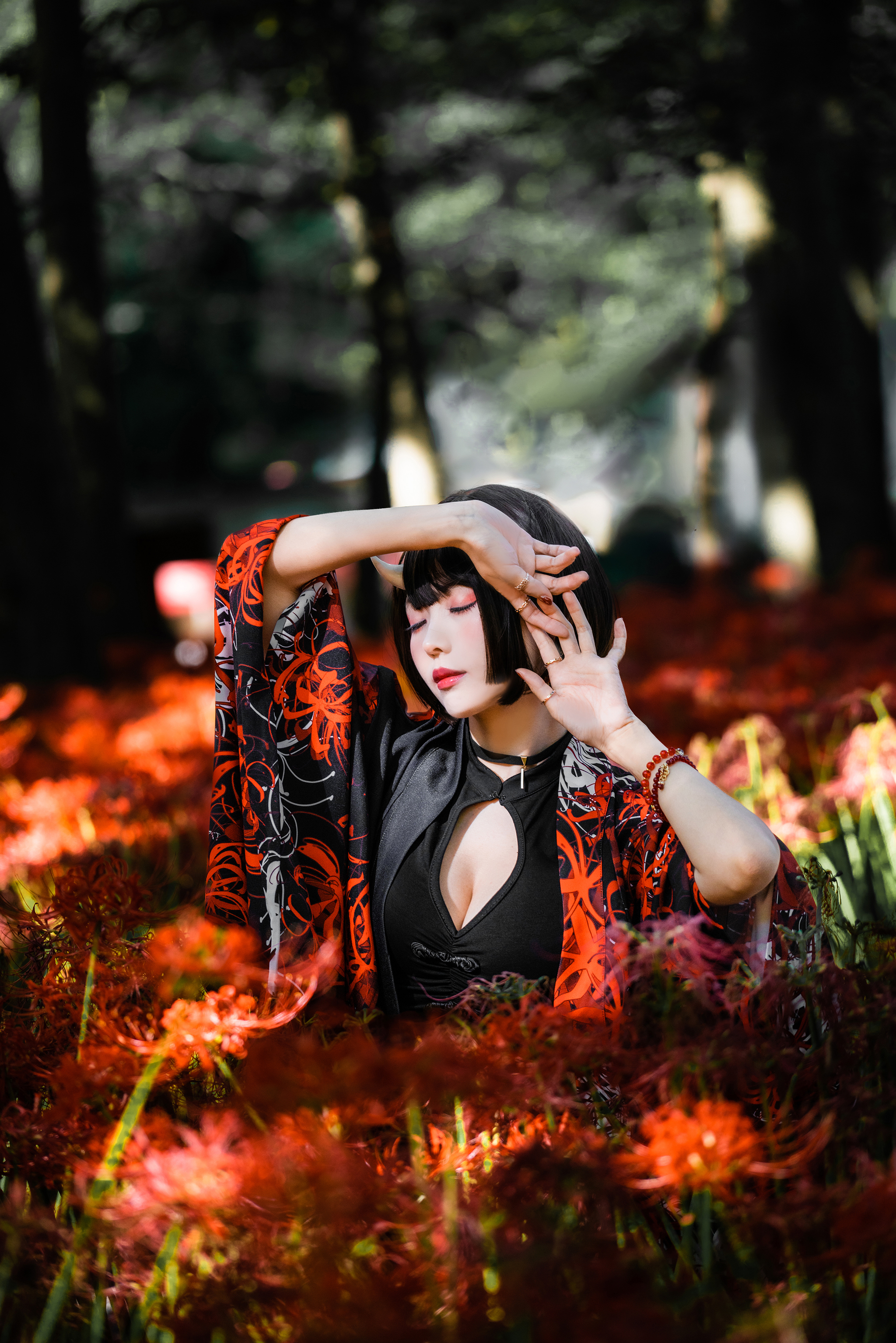 Ely Asian Higanbana Spider Lilies Flowers Horns Kimono Forest Trees Closed Eyes Bracelets 2048x3070