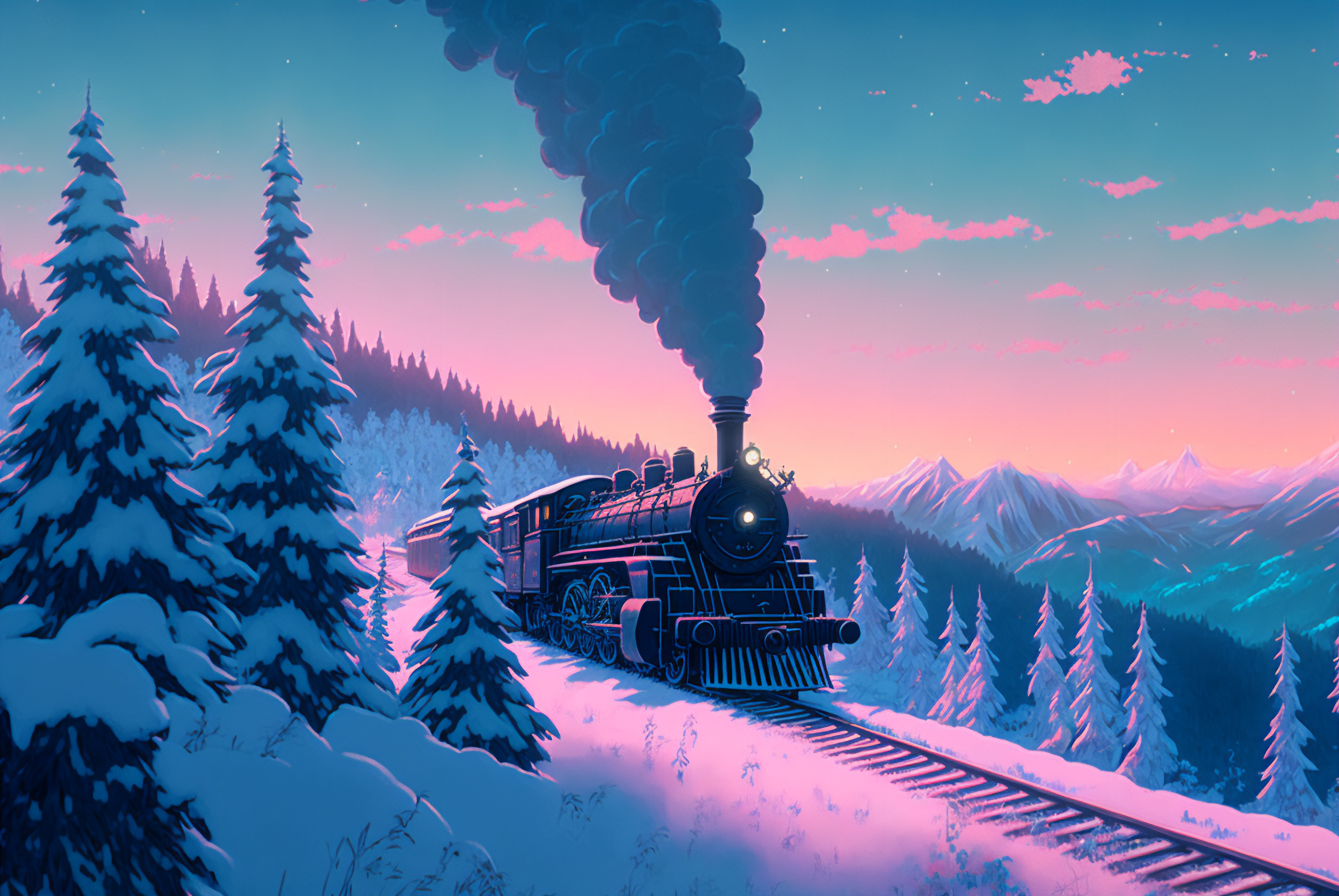 Ai Art Snow Trees Train Illustration Railway Mountains Sunset Glow 3060x2048