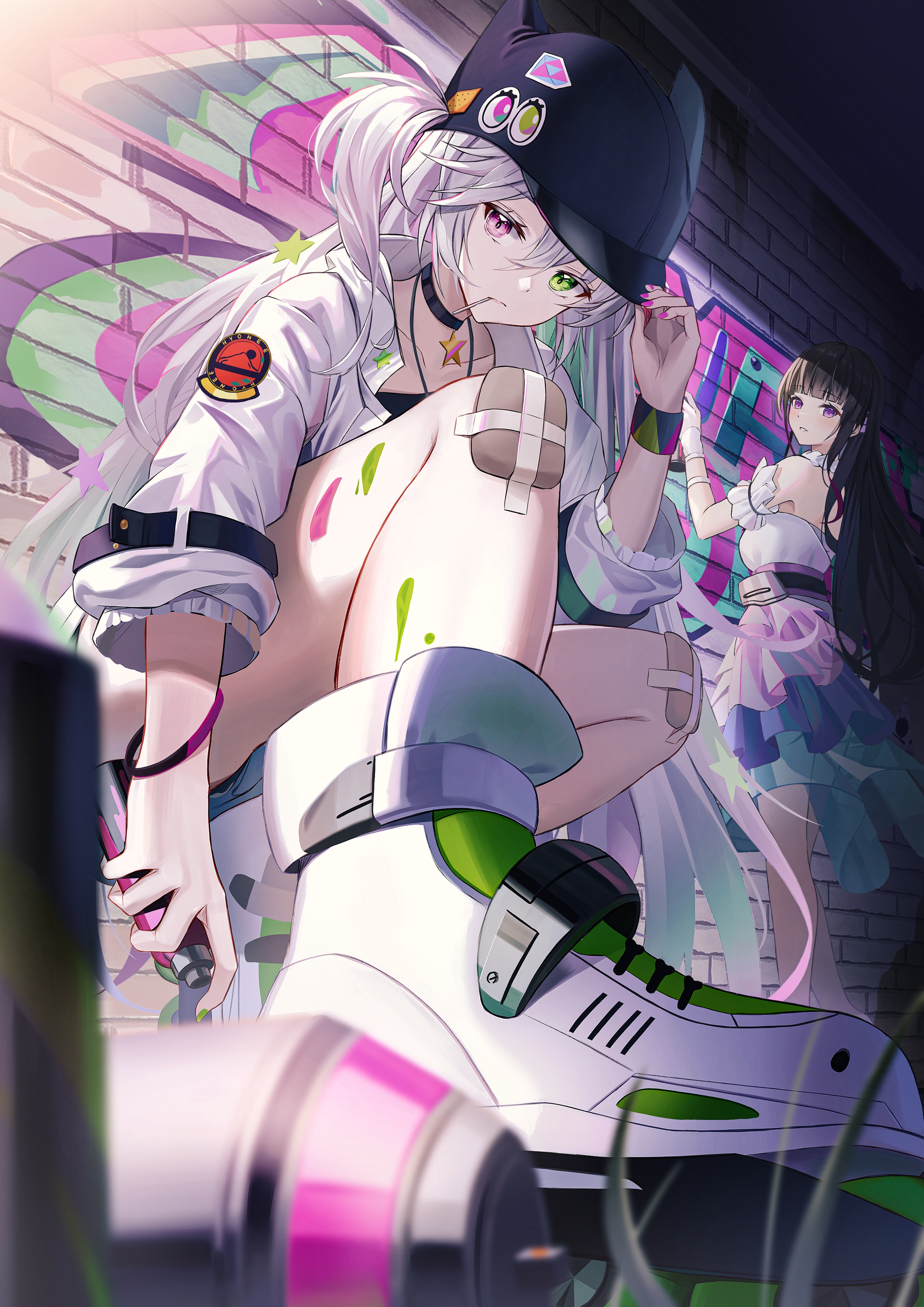 Anime Anime Girls Vertical Heterochromia Hat Shoes Graffiti Low Angle Long Hair Looking At Viewer Ch 2894x4093