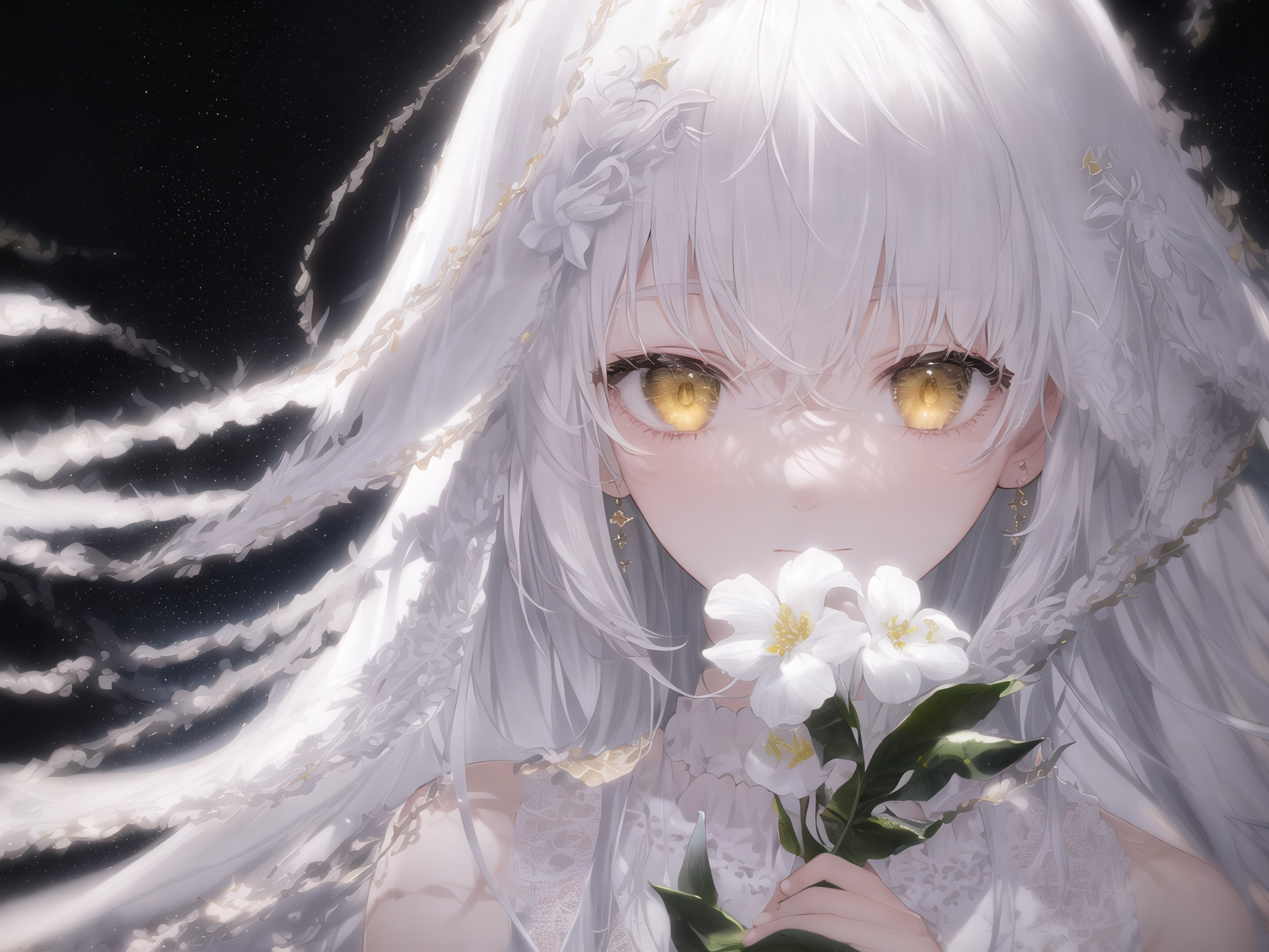 Anime Anime Girls White Hair Yellow Eyes Long Hair Flowers White Clothing Flower In Hair Looking At  5120x3840