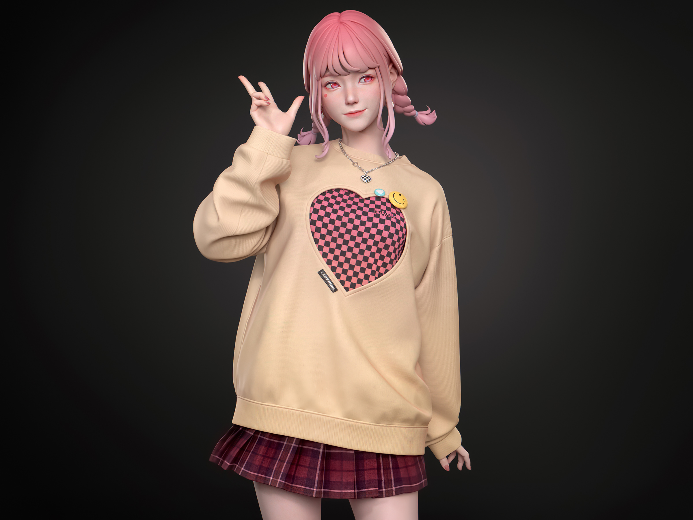 Chen Chen CGi Women Pink Hair Twintails Pink Eyes Skirt Plaid Loose Clothing Simple Background Gradi 2400x1800
