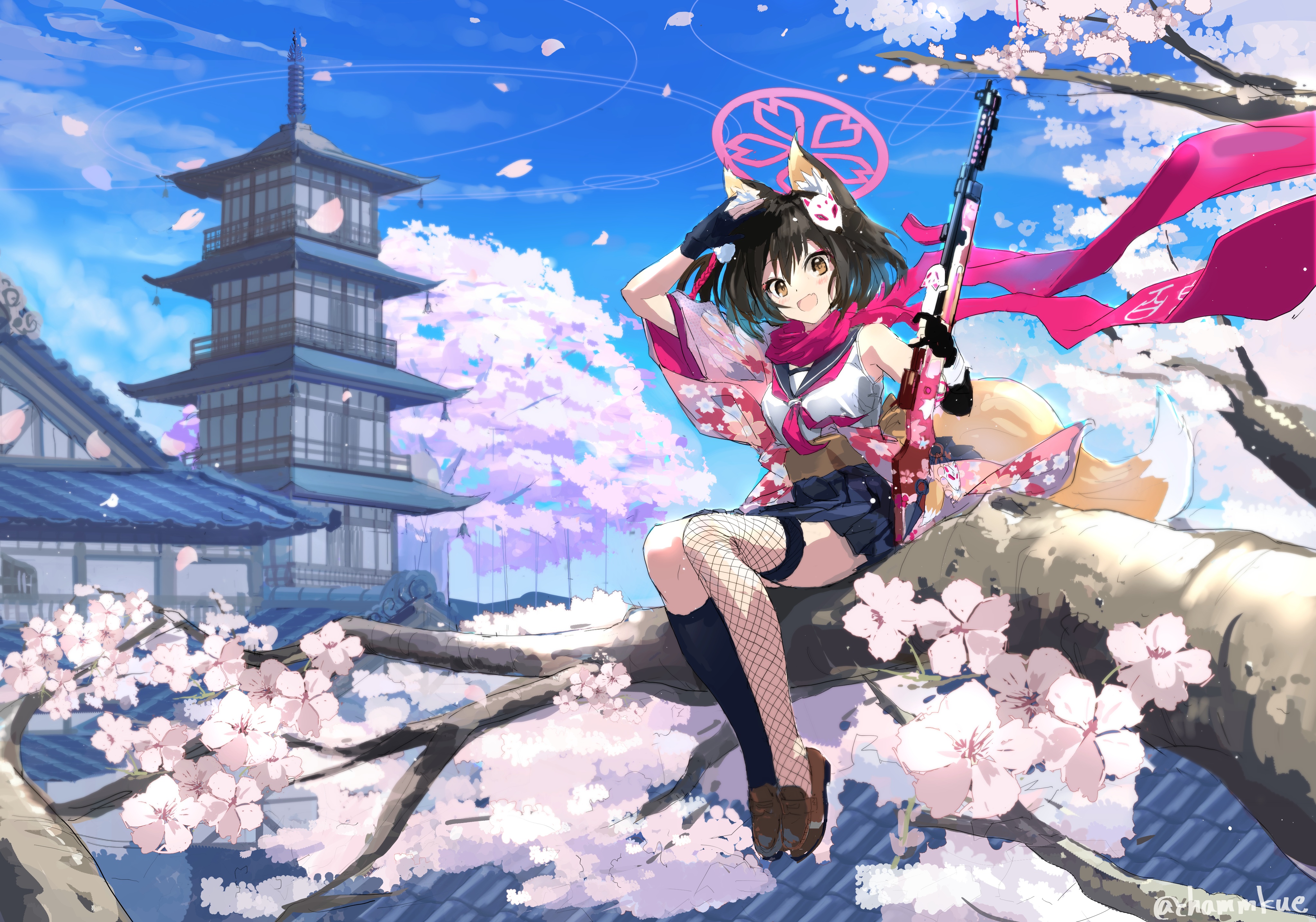Anime Anime Girls Blue Archive Sitting Kuda Izuna Blue Archive Sky Clouds Petals Branch Gloves Gun B 4093x2869