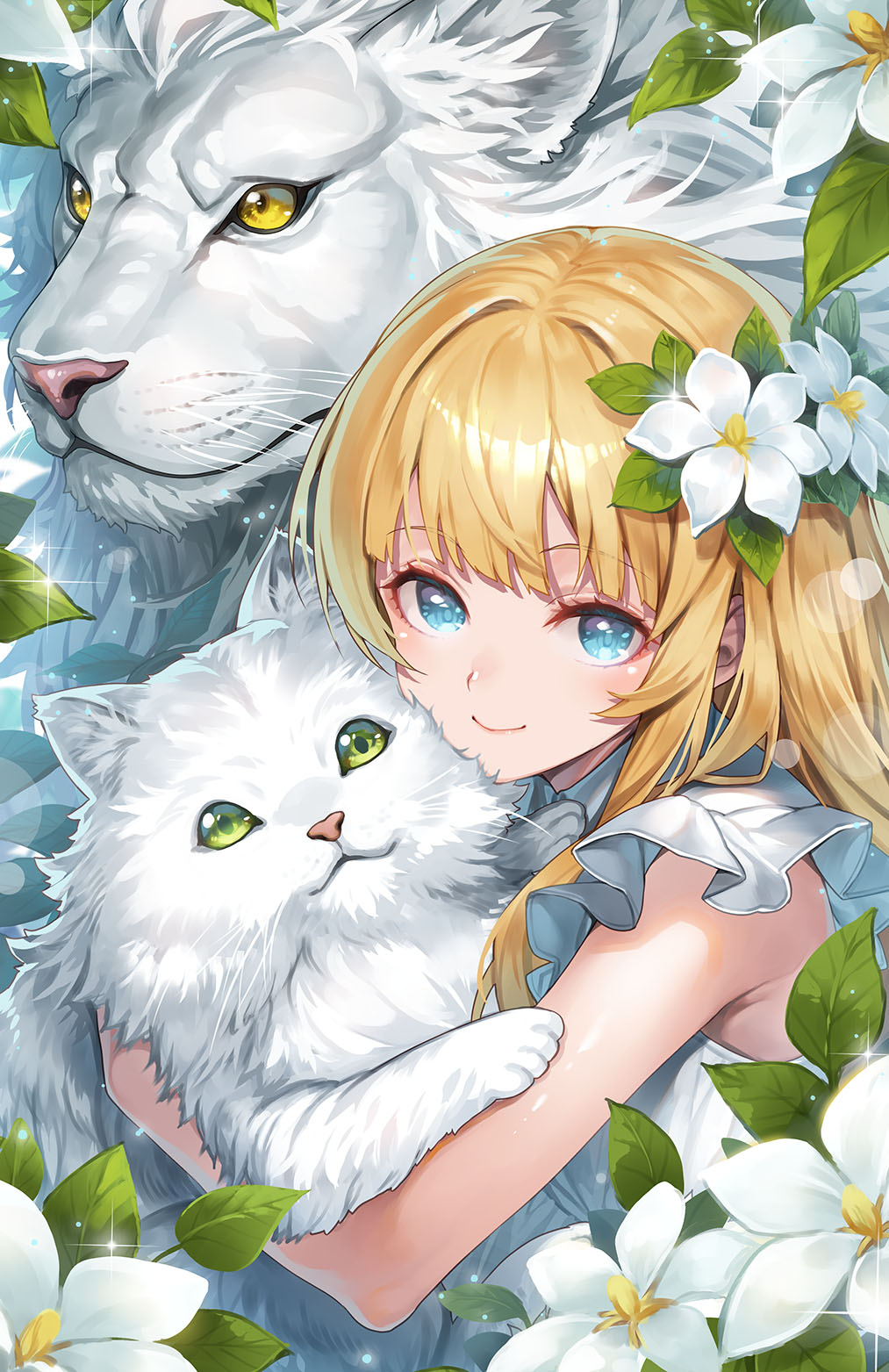 Anime Girls Portrait Display Blonde Looking At Viewer Blue Eyes White Flowers Flower In Hair Smiling 1013x1563
