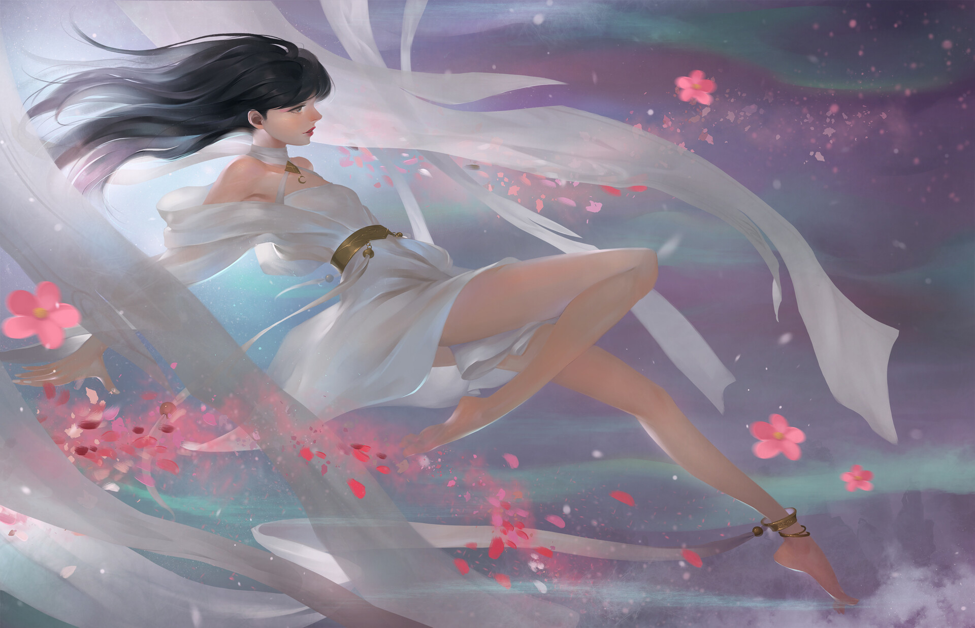 Jay JiwooPark Fantasy Girl Artwork Fantasy Art White Dress Sky Petals 1920x1237