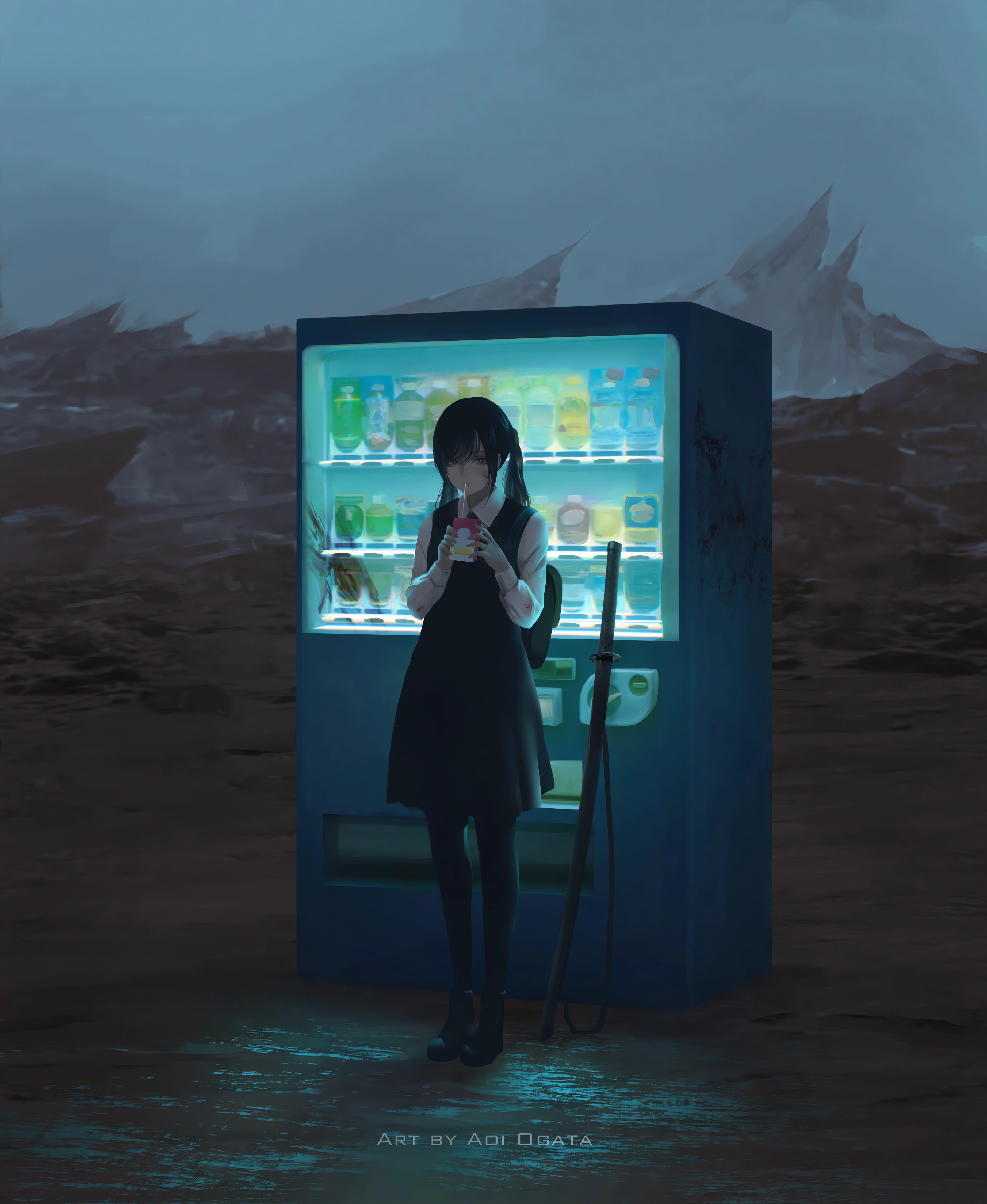 Anime Anime Girls Portrait Display Standing Vending Machine Twintails Schoolgirl School Uniform Wate 3690x4500
