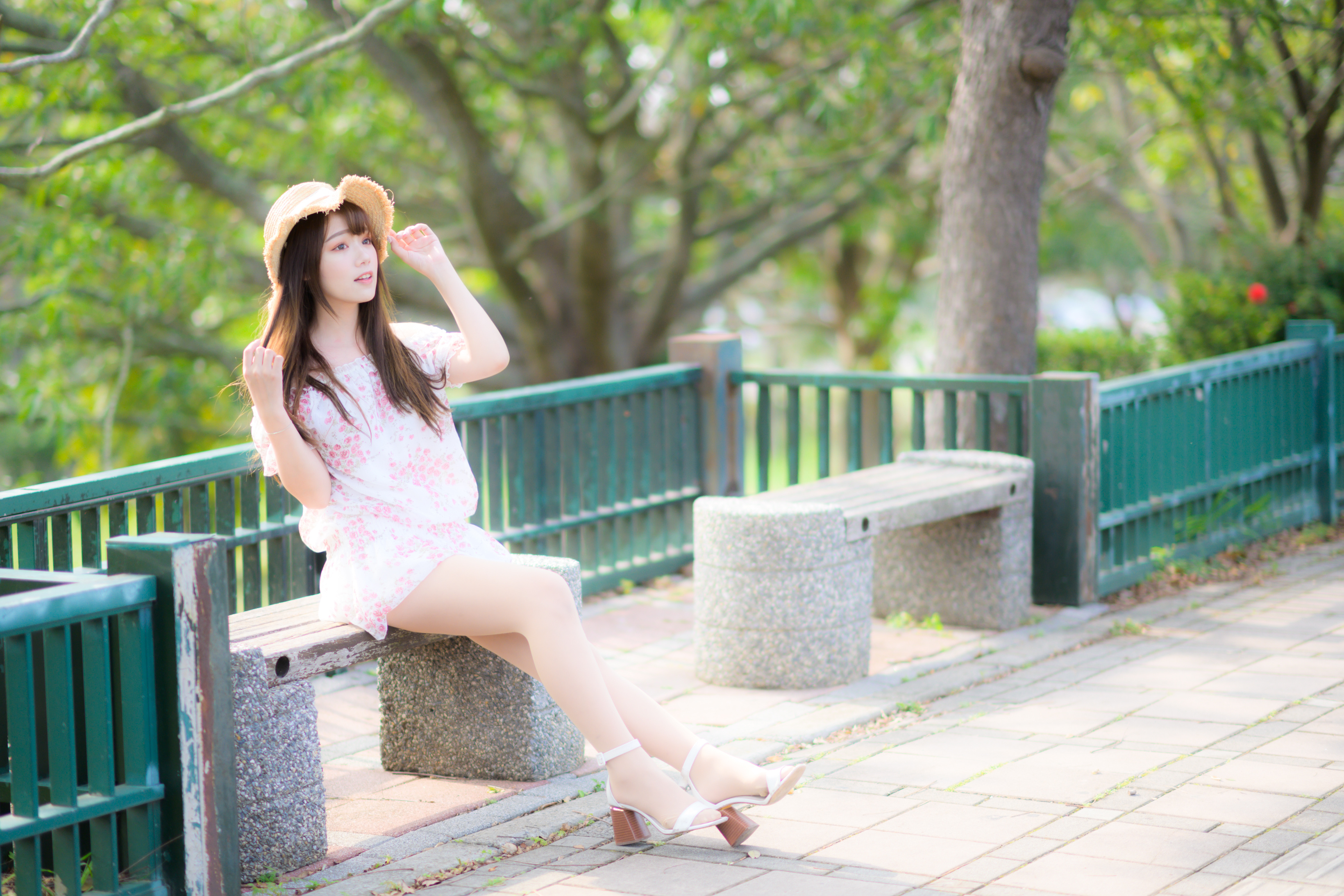 Asian Model Women Long Hair Dark Hair Sitting Depth Of Field Straw Hat Bench Trees 3280x2187