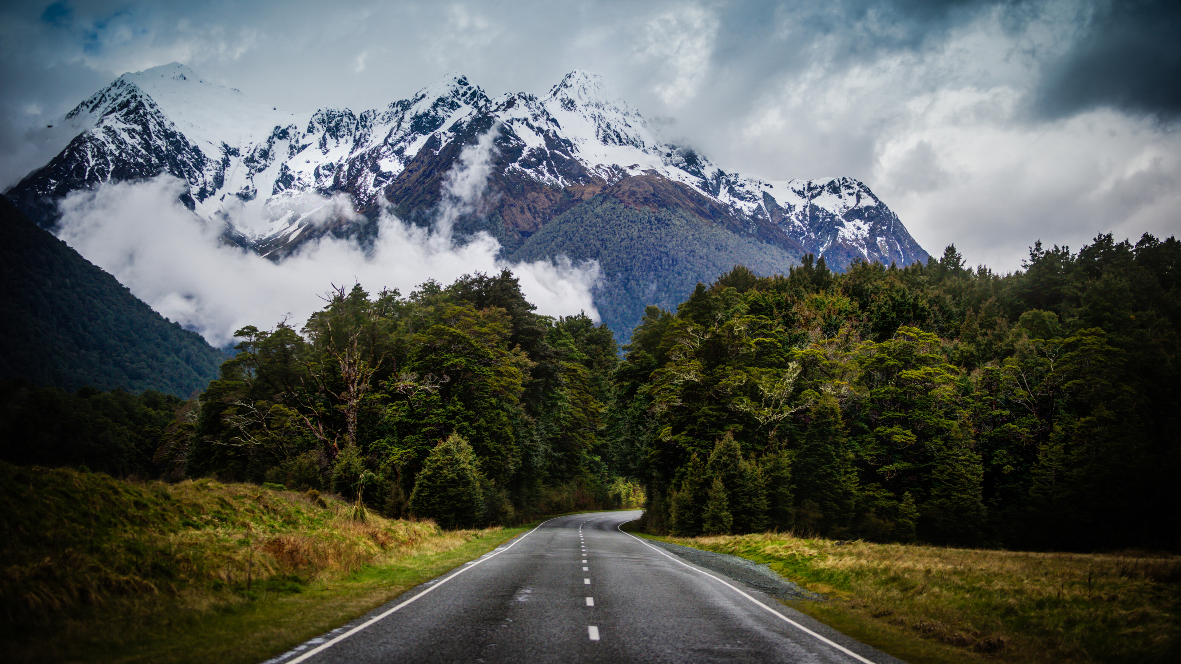 Trey Ratcliff Photography Landscape New Zealand Nature Mountains Road Snow Trees Clouds 3840x2160