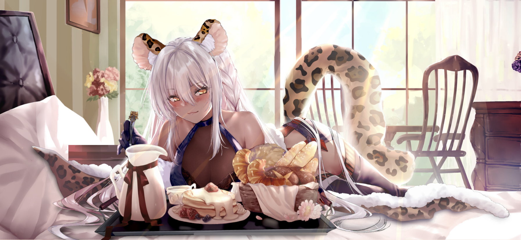 Anime Games Anime Girls Game Characters Animal Ears Food Pancakes Bread Croissants Yellow Eyes 1792x828