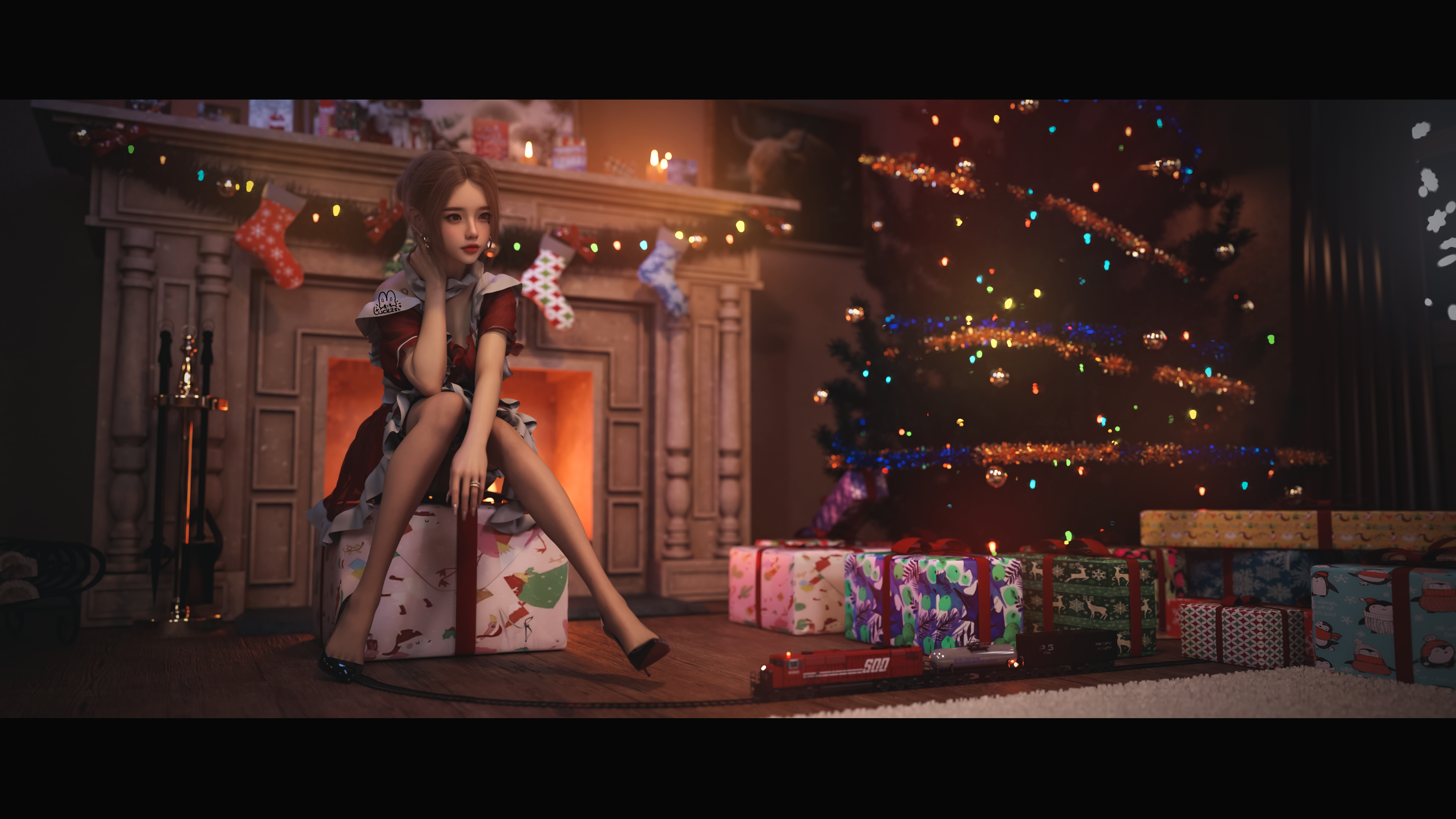 Anime Girls Legs Luck Zs Presents 3D Christmas Tree Christmas 5760x3240