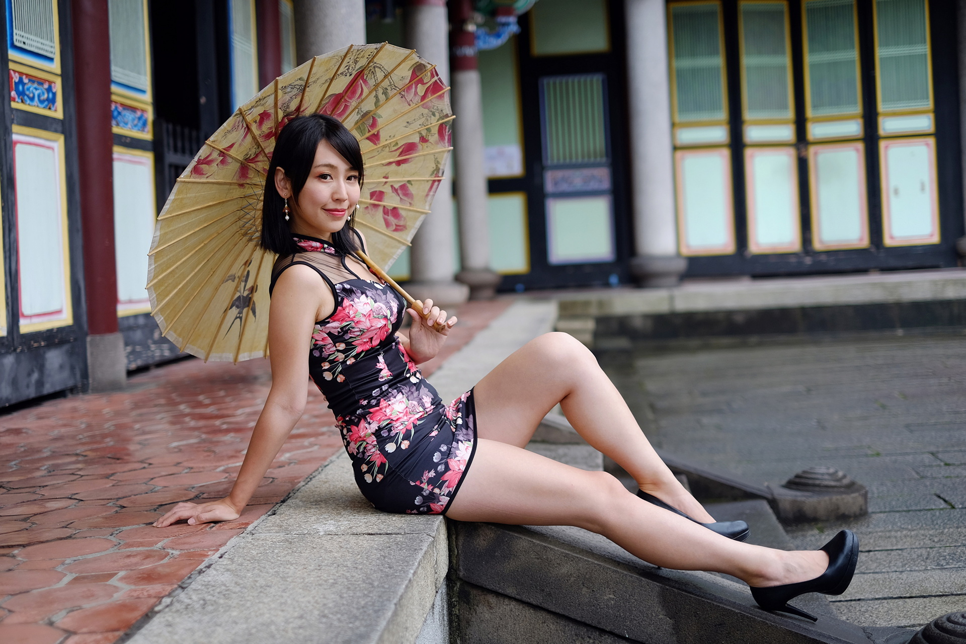 Asian Model Women Long Hair Dark Hair Sitting High Heels 1920x1280