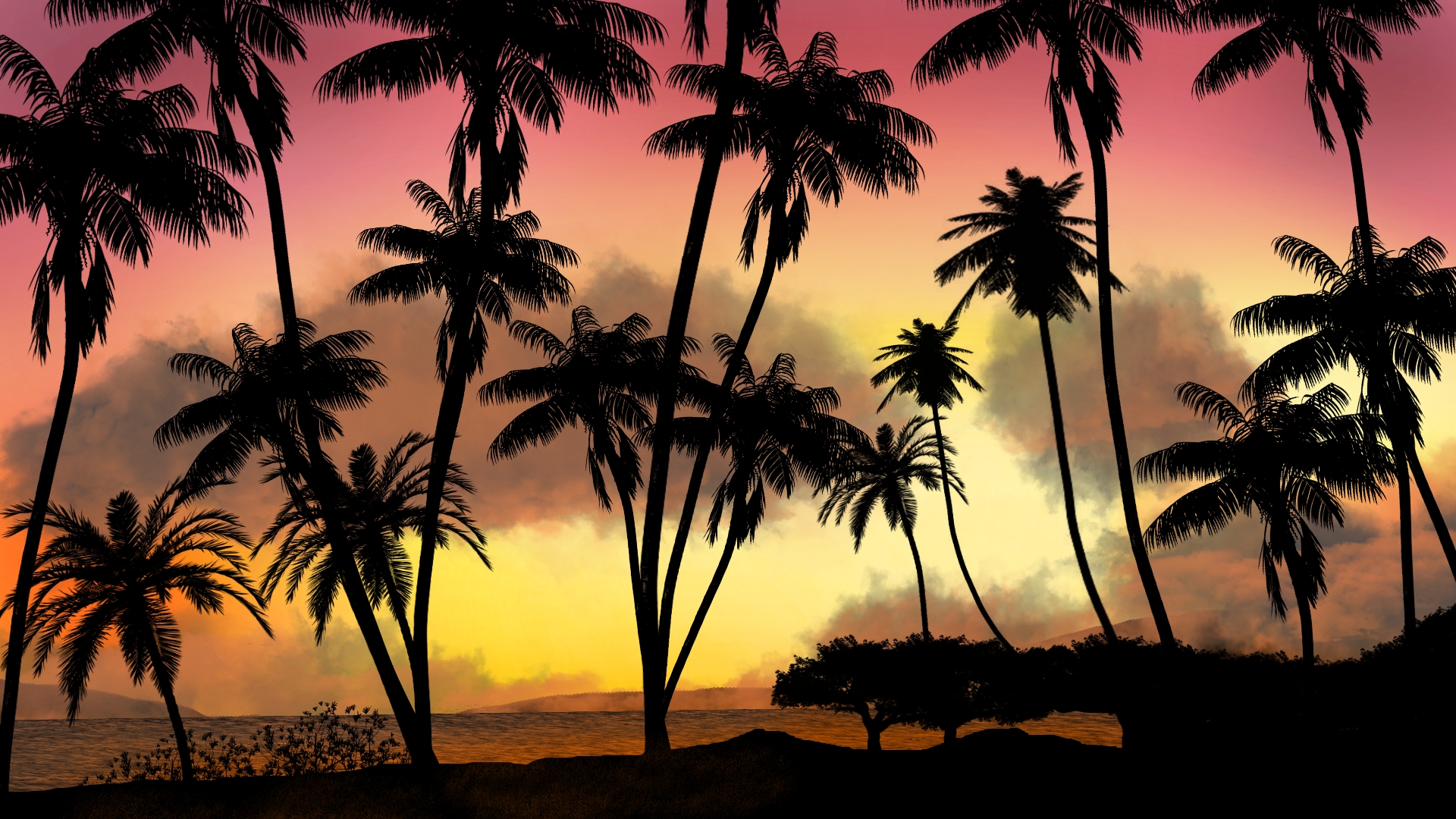 Digital Painting Digital Art Landscape Nature Tropical Colorful Palm Trees Silhouette Sunset Sunset  1920x1080