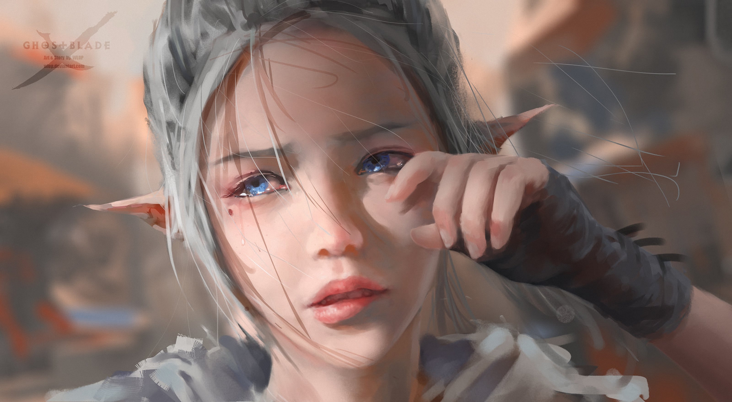 Women WLOP Blue Eyes Crying Pointy Ears White Hair Ghostblade 2400x1317