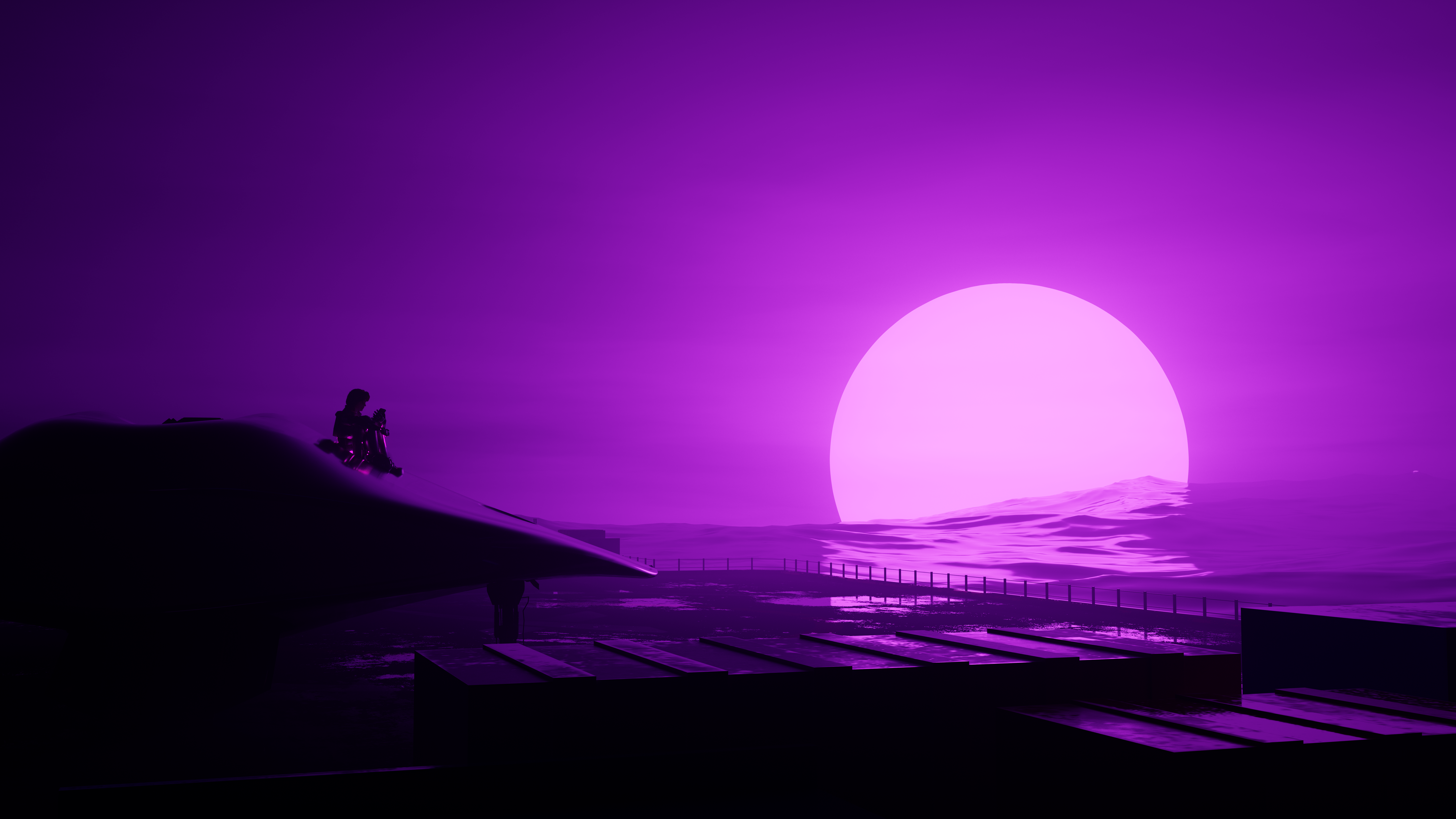 Vaporwave Sunset Space Synthwave Moon Purple Background CGi Blender Digital Art Night Reflection Sea 7680x4320
