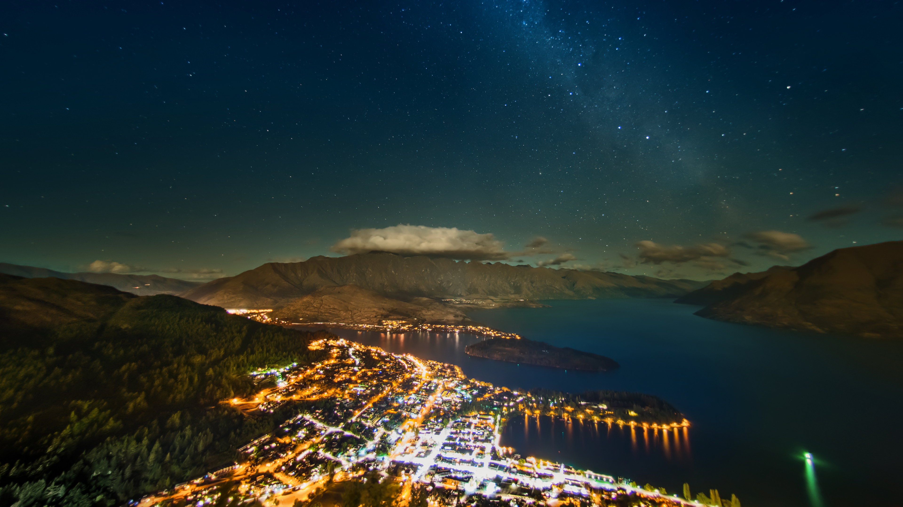 4K Landscape New Zealand Queenstown Lights Night Sky Stars Water City 3840x2160