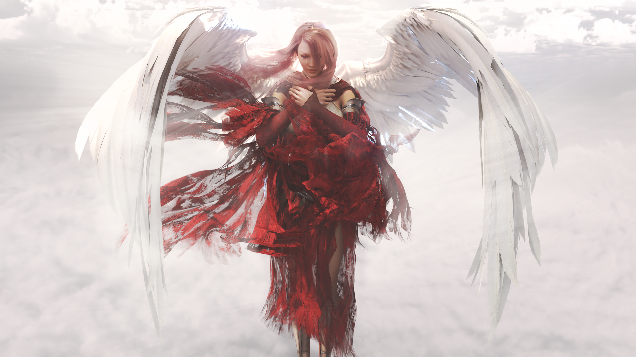 3D CGi Crying Woman Crying Red Clothing Pink Hair Clouds Angel Wings 2560x1440