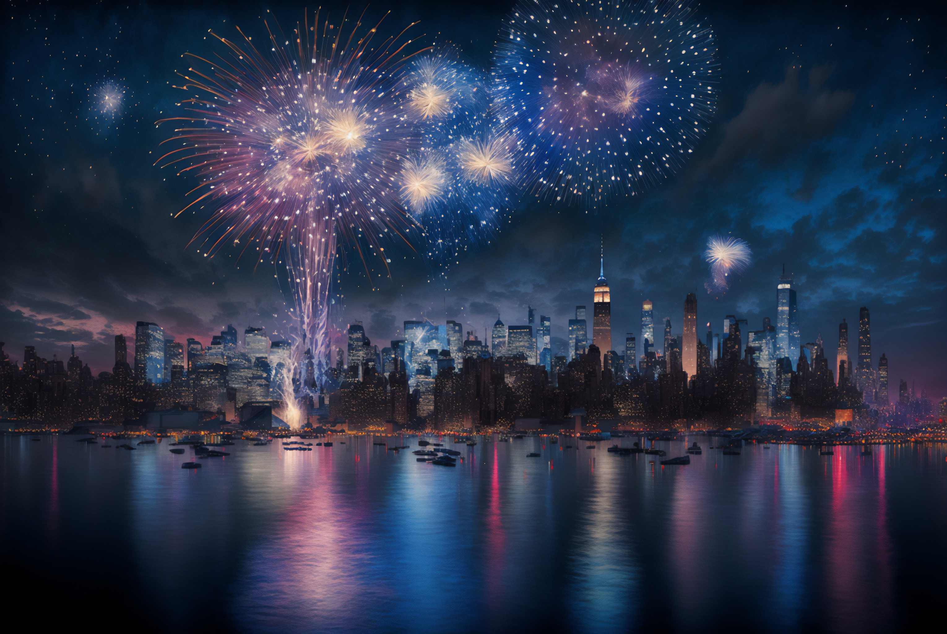 Ai Art Skyline Fireworks Water Clouds New Year City City Lights 3060x2048