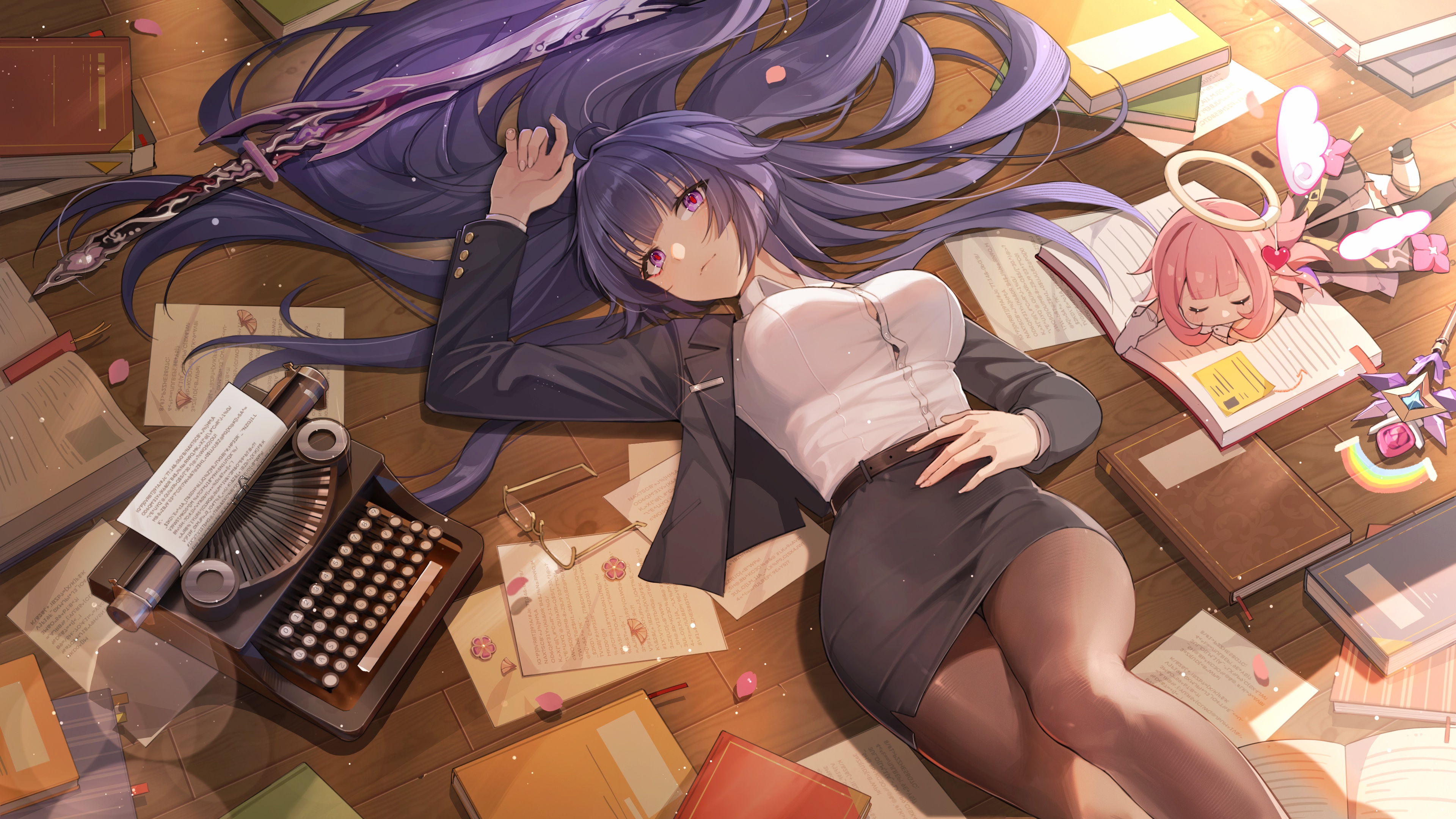 Anime Anime Girls Purple Hair Purple Eyes Paper Petals Typewriters Books Lying On Back 3840x2160