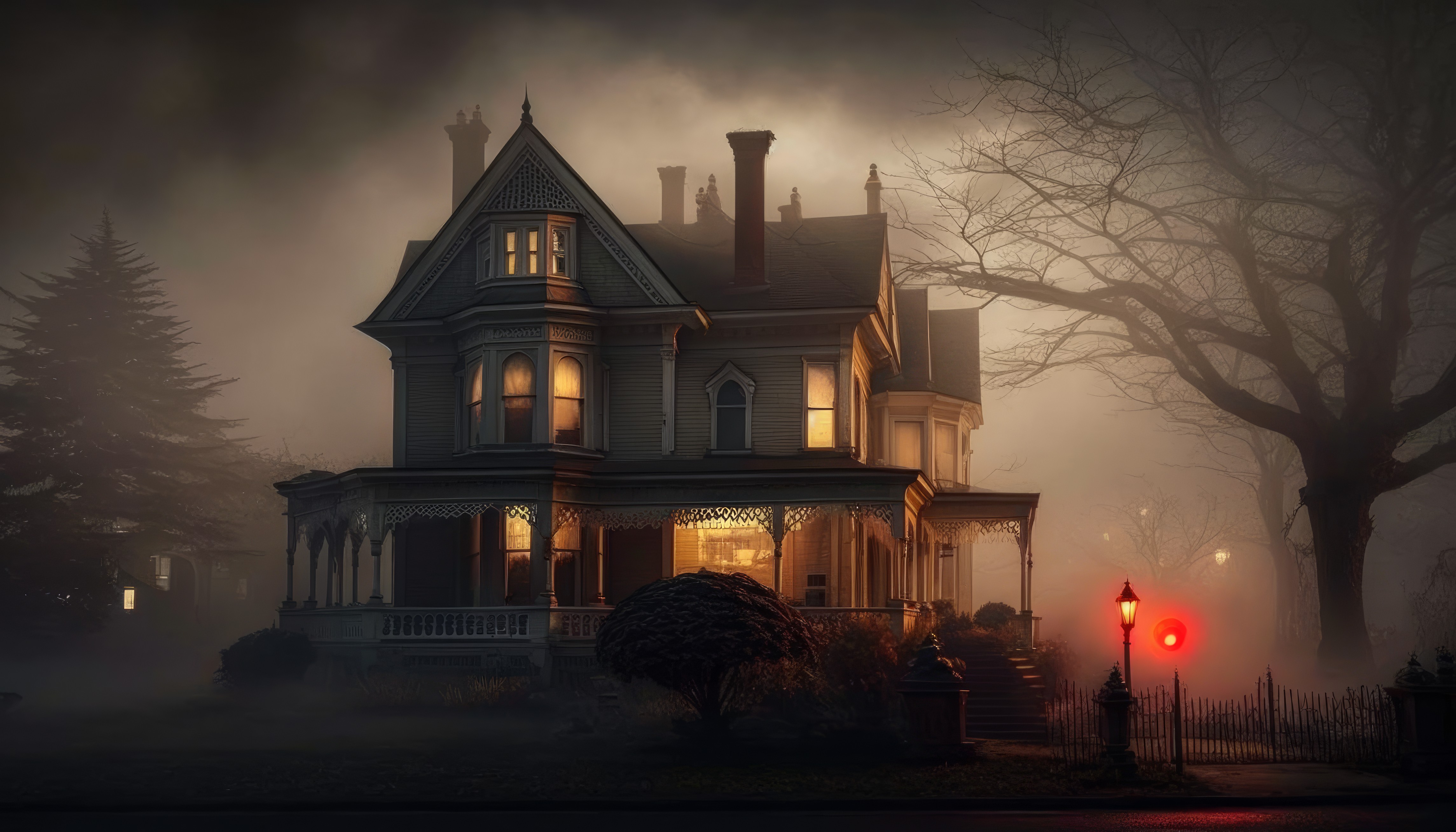 Ai Art Illustration Victorian House Haunted Mansion Trees Mist 4579x2616