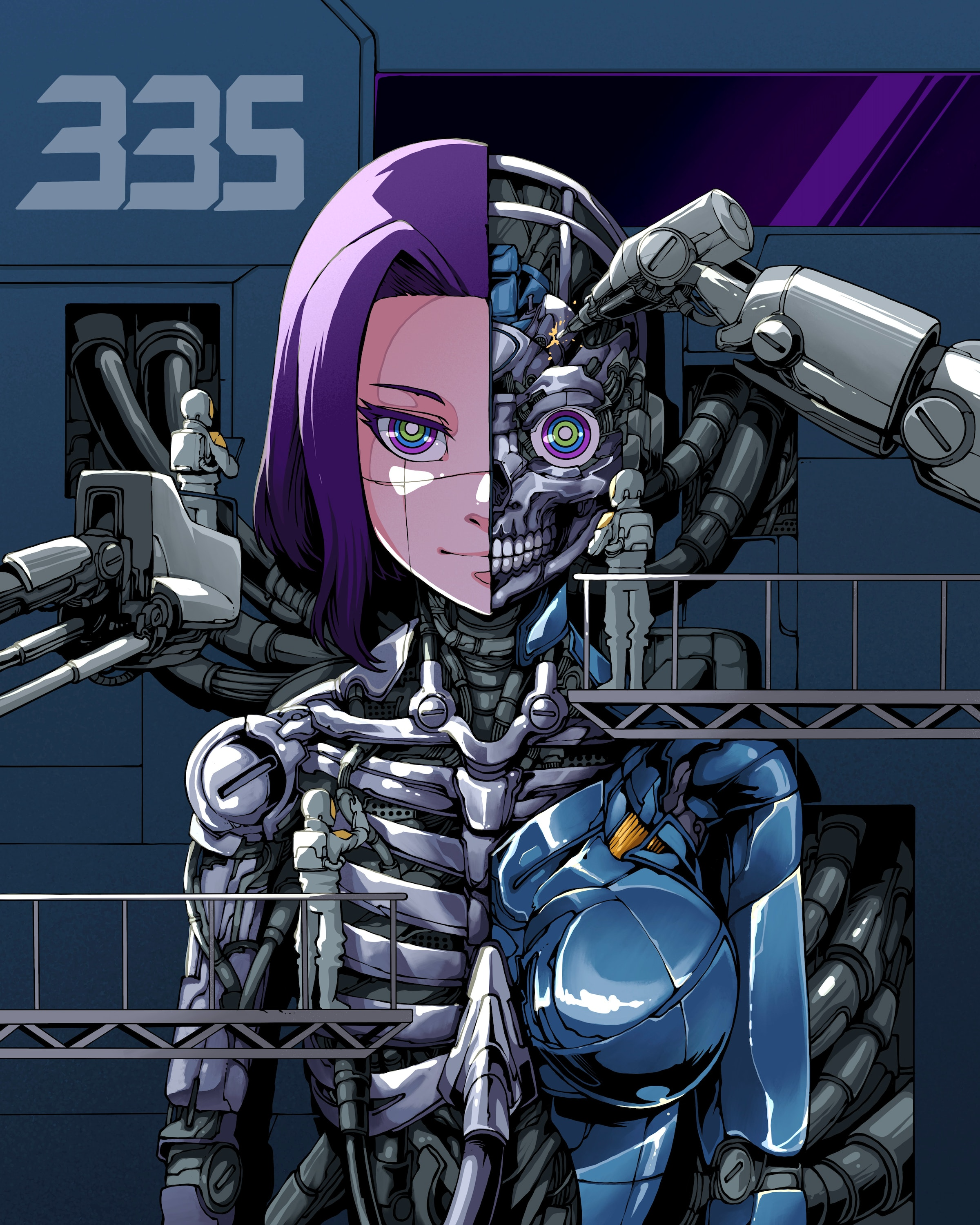 Benangbaja Digital Art Artwork Illustration Women Anime Anime Girls Robot Giant Skeleton Purple Hair 2400x3000