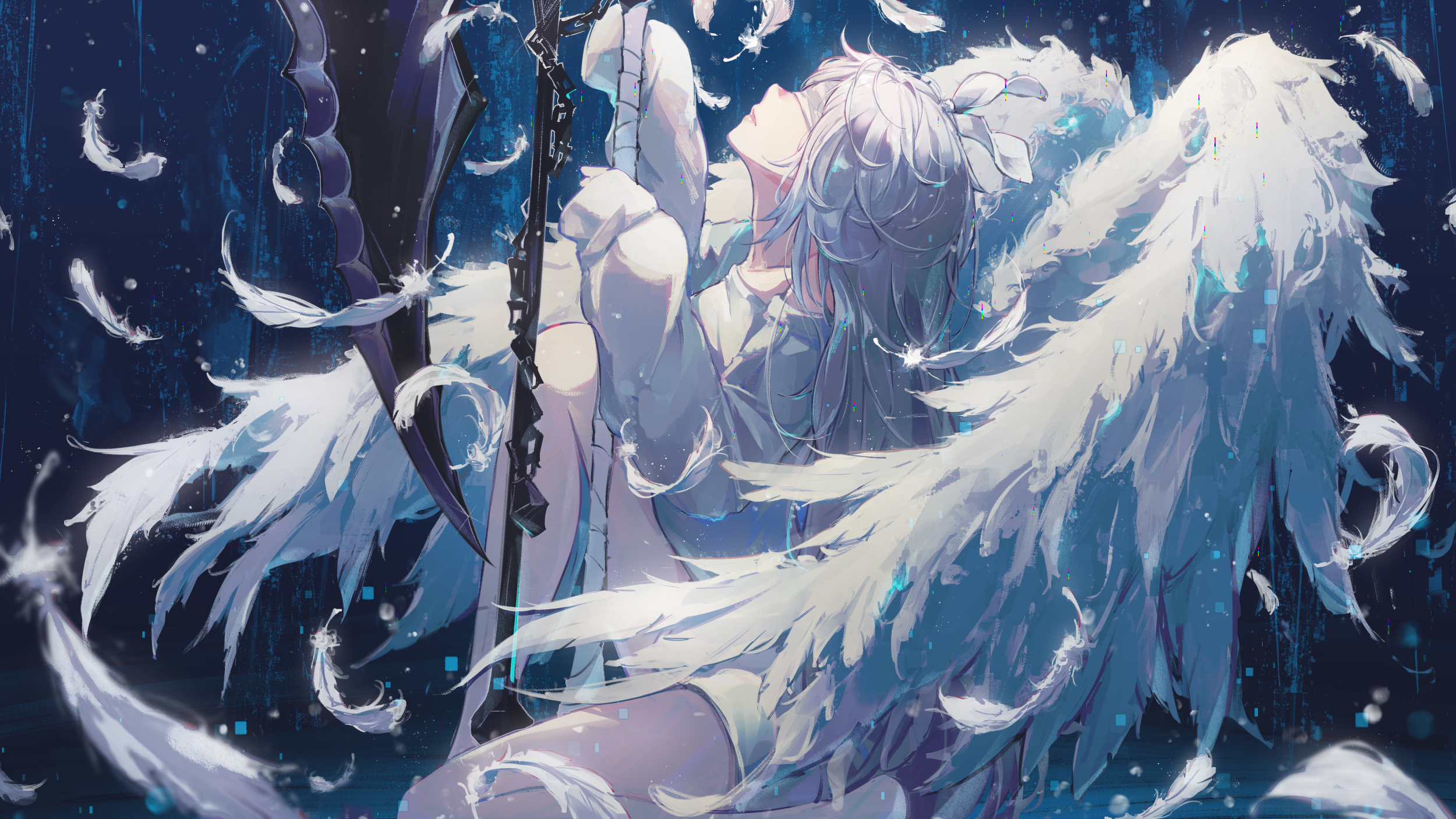 Wings Angel Scythe Feathers Blindfold Long Hair White Hair Chains 2500x1406