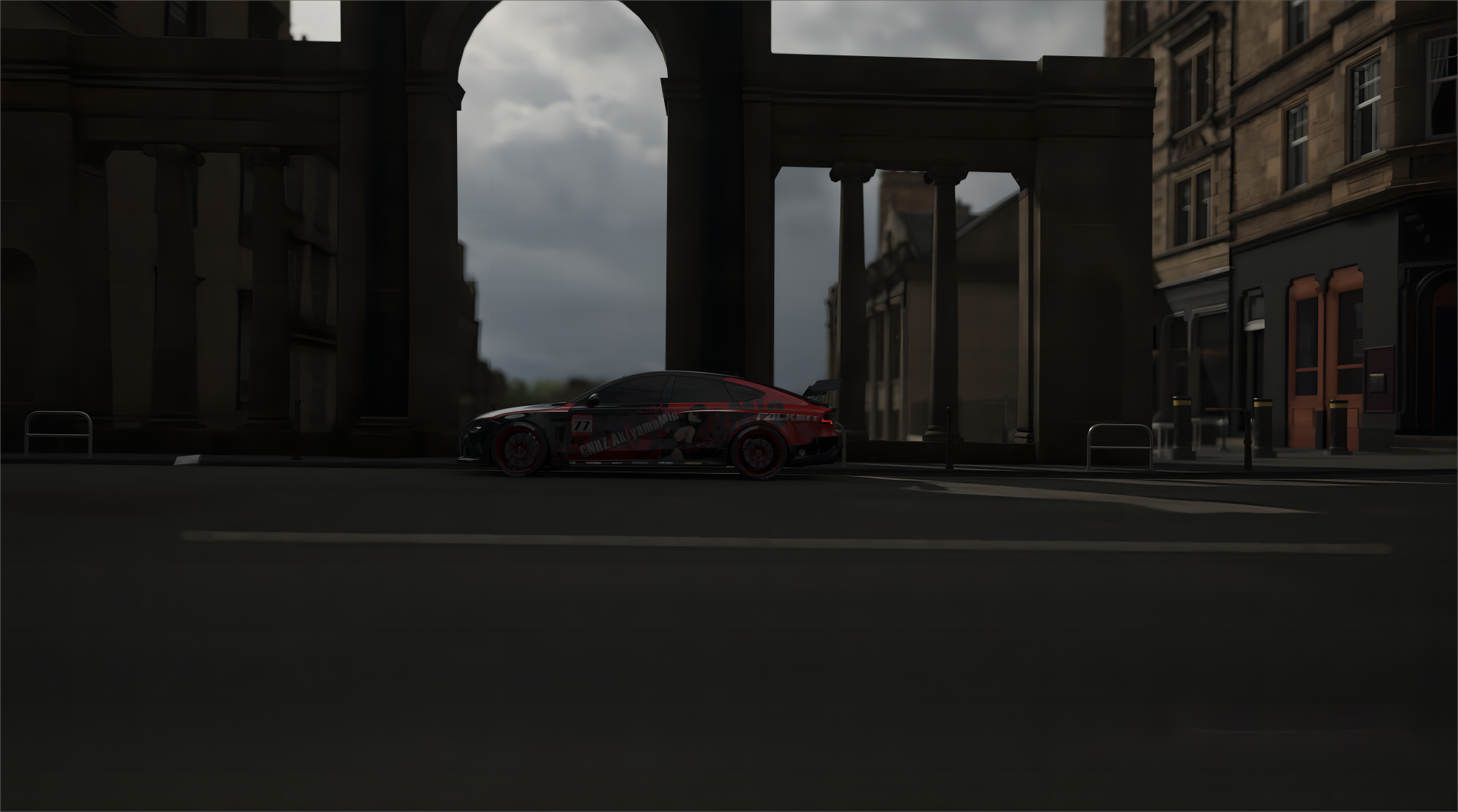 Audi City Black Belt Low Angle Arch Windows Vista City Streets Anime Girls Side View Building Clouds 2000x1114