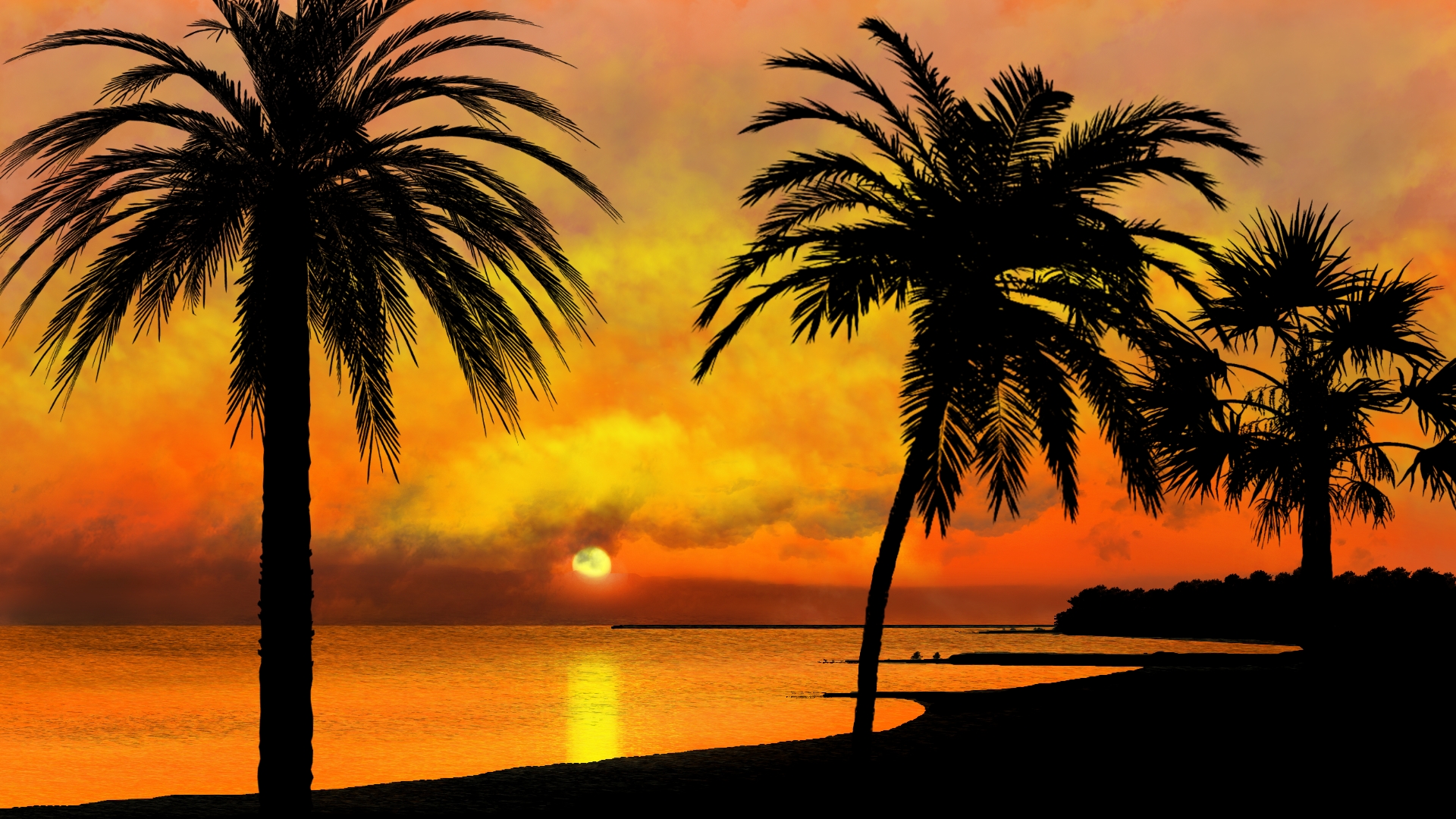 Digital Art Nature Landscape Beach Tropical Sunset Sunset Glow Palm Trees Sky Clouds Sun Water Silho 1920x1080
