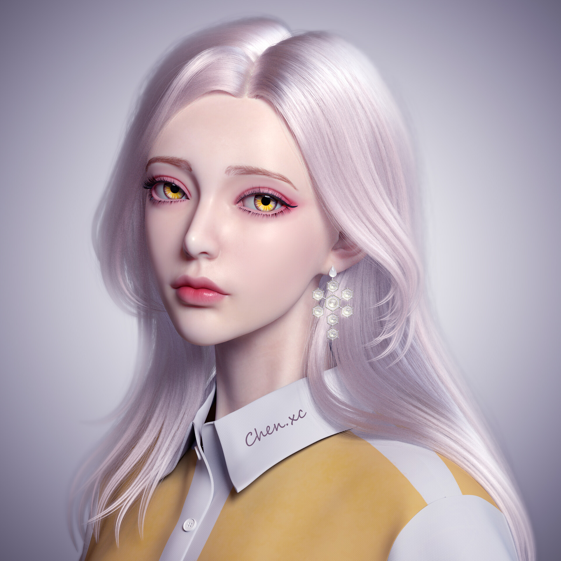 Xincheng Chen CGi Women Yellow Eyes Long Hair Makeup Simple Background Silver Hair Fantasy Girl 1920x1920