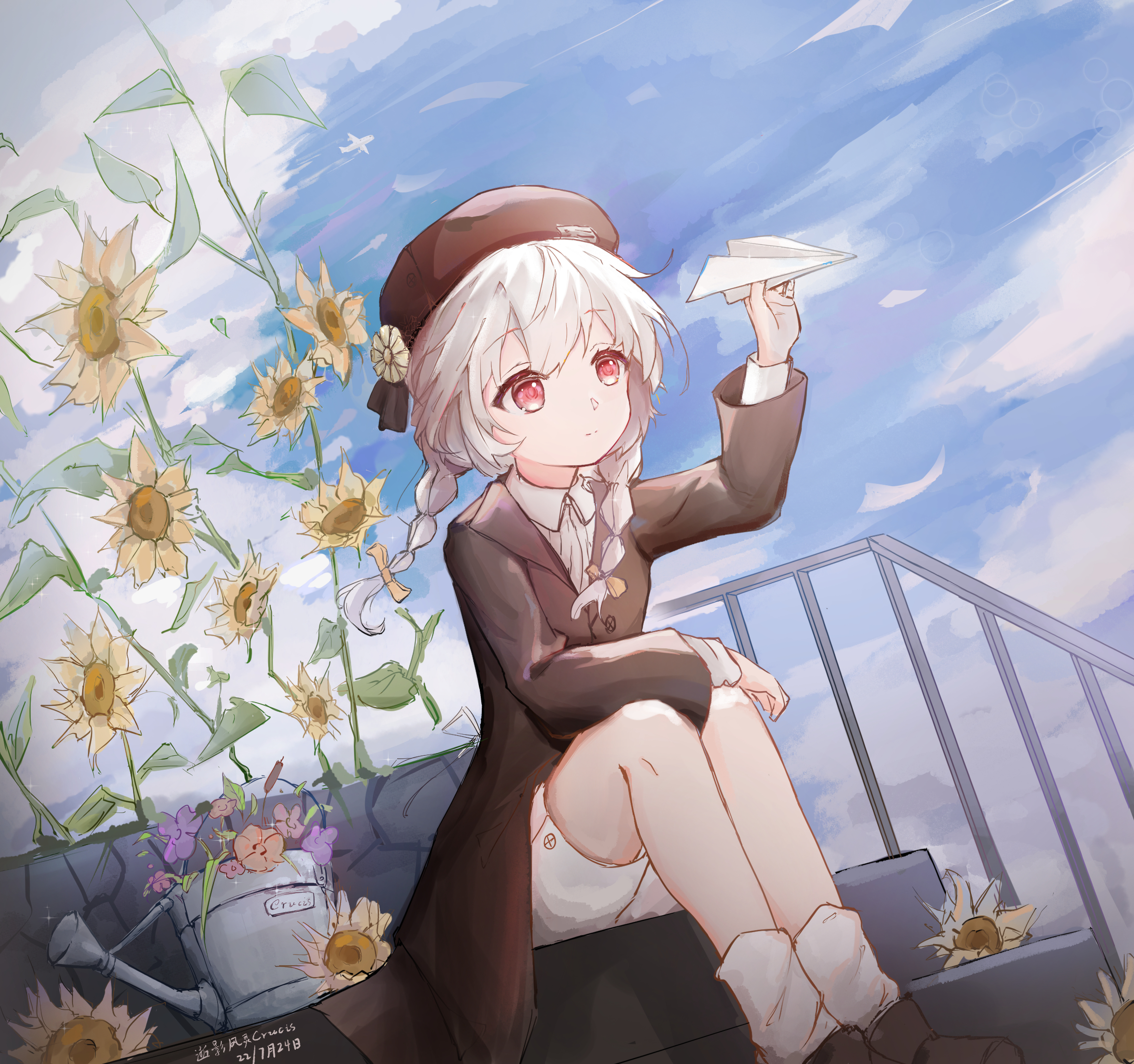 Warma Braided Hair Anime Girls Vertical Braids Flowers Sunflowers Stairs Paper Planes Hat 2361x2217