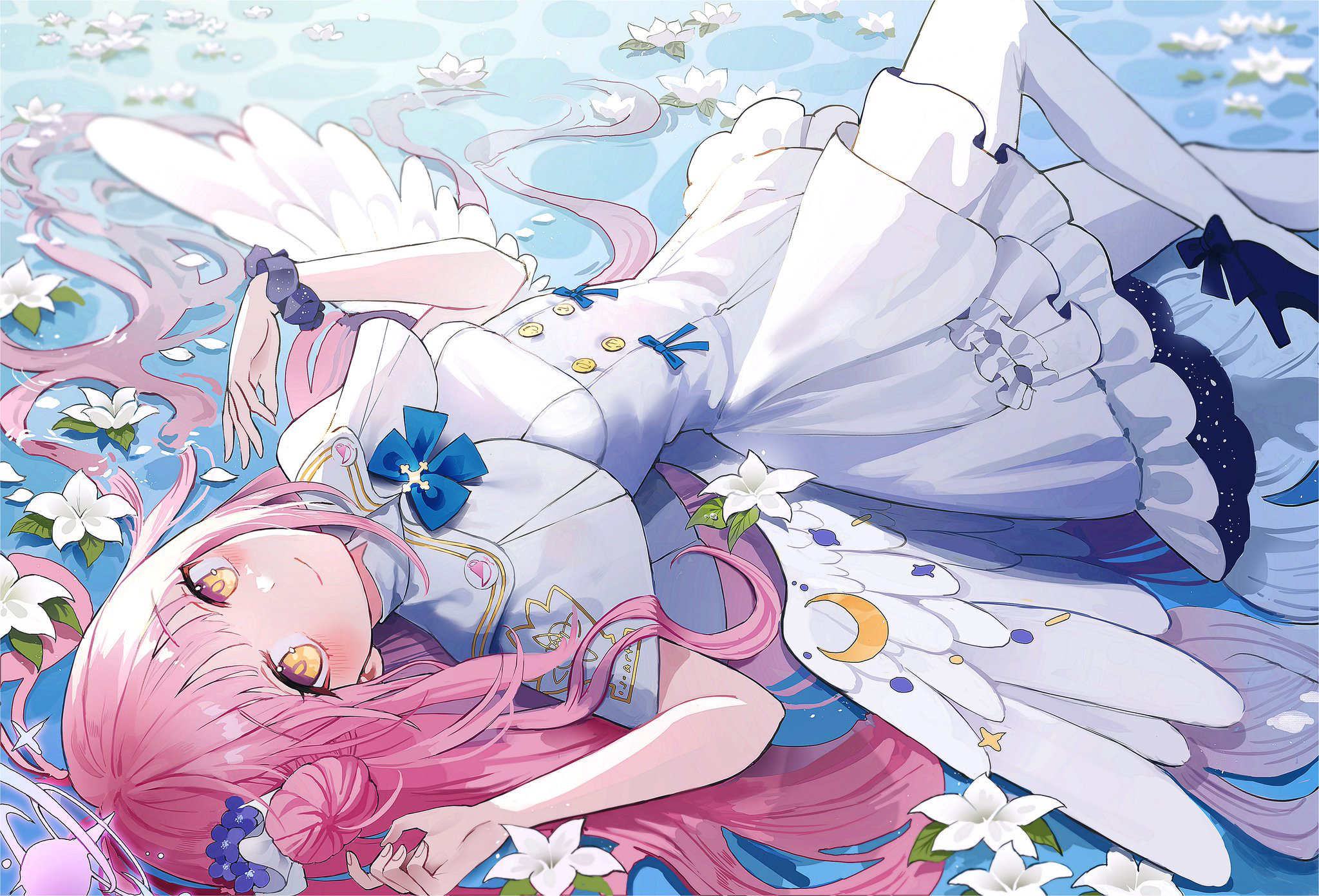 Anime Anime Girls Blue Archive Misono Mika Lying Down Lying On Back Smiling Long Hair Wings Flowers  2048x1391