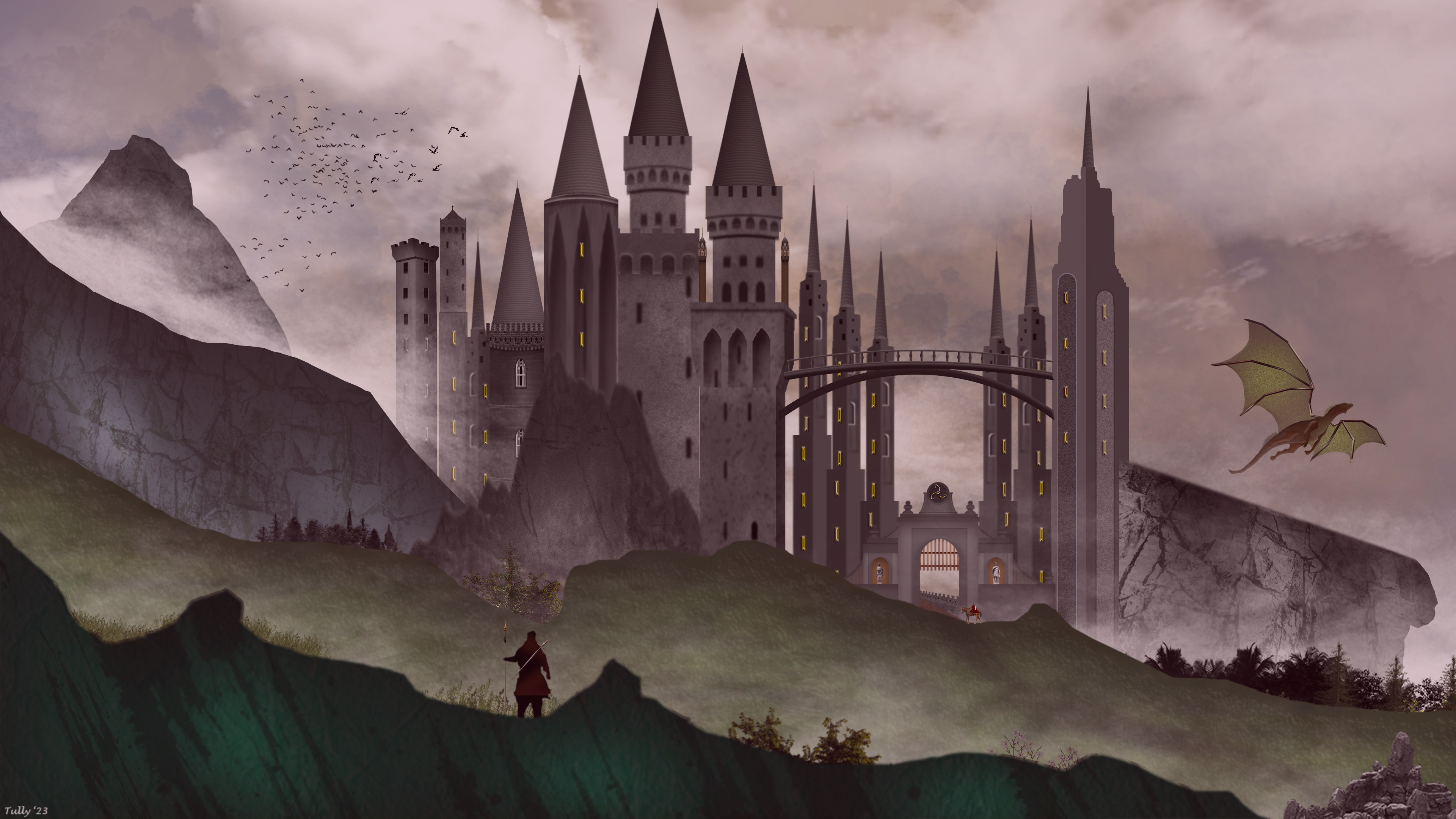 Fantasy Castle Dragon Mist Digital Art Medieval Castle Signature Clouds Artwork 3840x2160