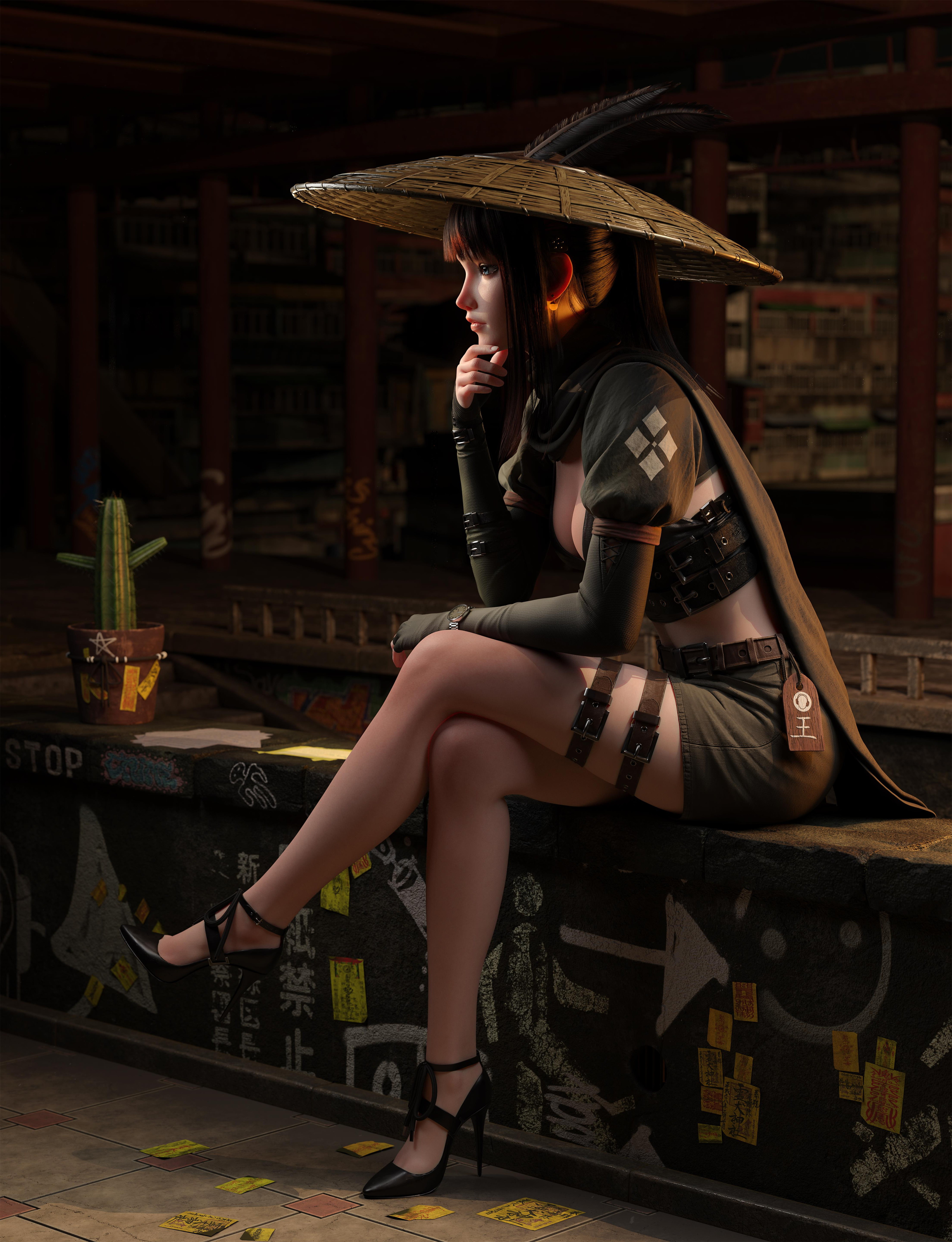Cifangyi CGi Straw Hat Legs Crossed Thinking Cactus Sitting Heels Portrait Display Hat Legs 3840x5008