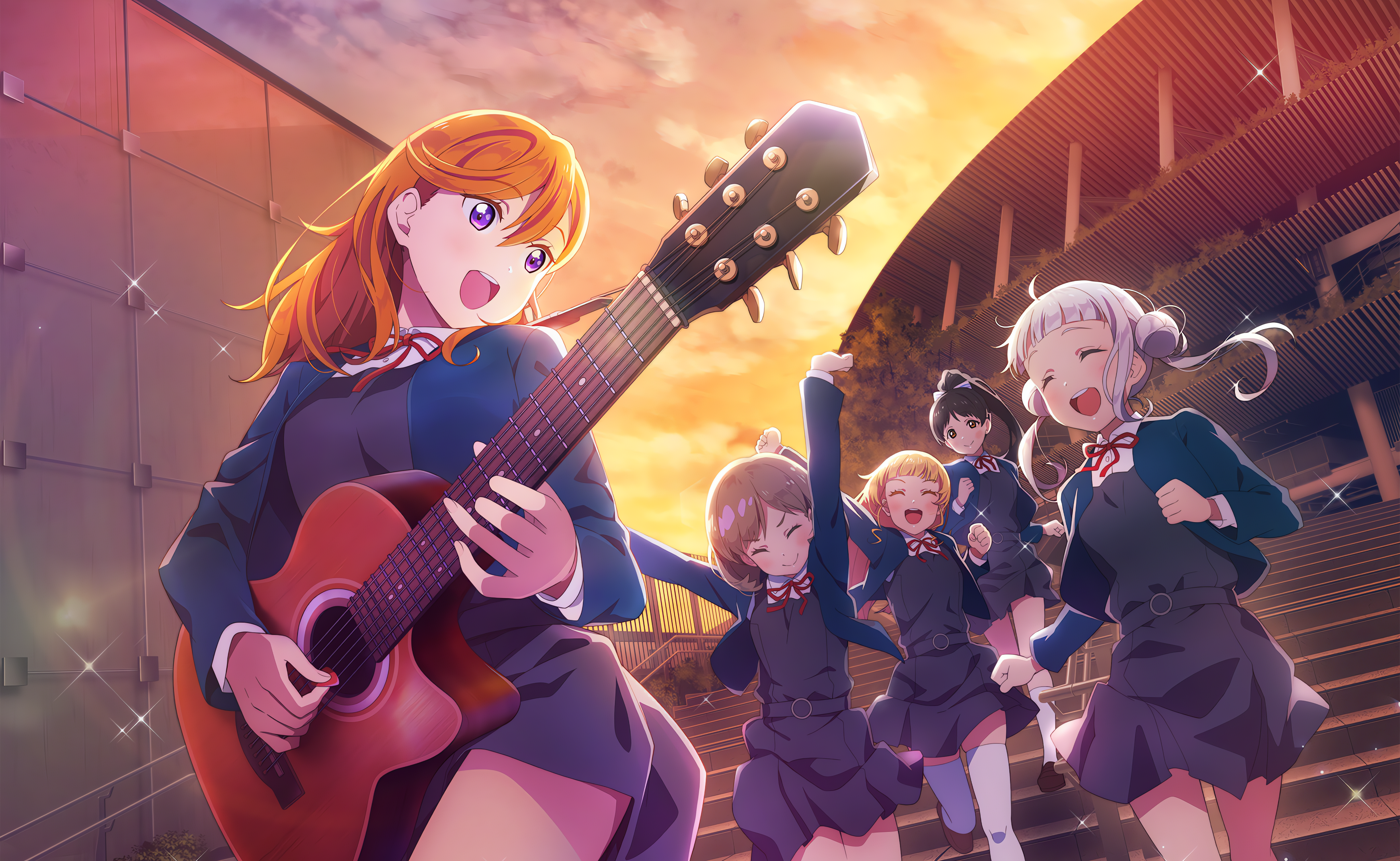 Shibuya Kanon Love Live Love Live Super Star Anime Anime Girls Walking Stairs Guitar Musical Instrum 4096x2518