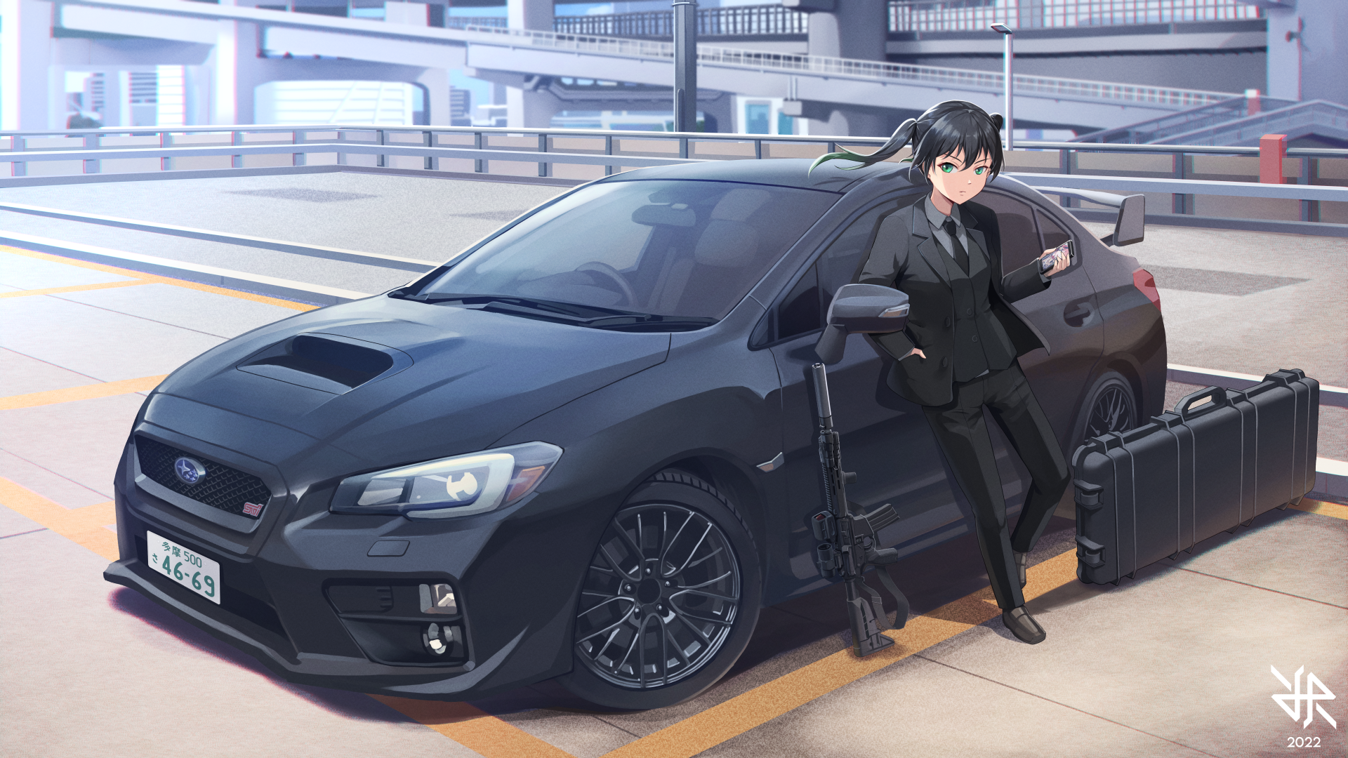 Car Vehicle Artwork Subaru Anime Girls Anime Weapon Gun Subaru Impreza WRX STi HK 416 Logo Standing  1920x1080