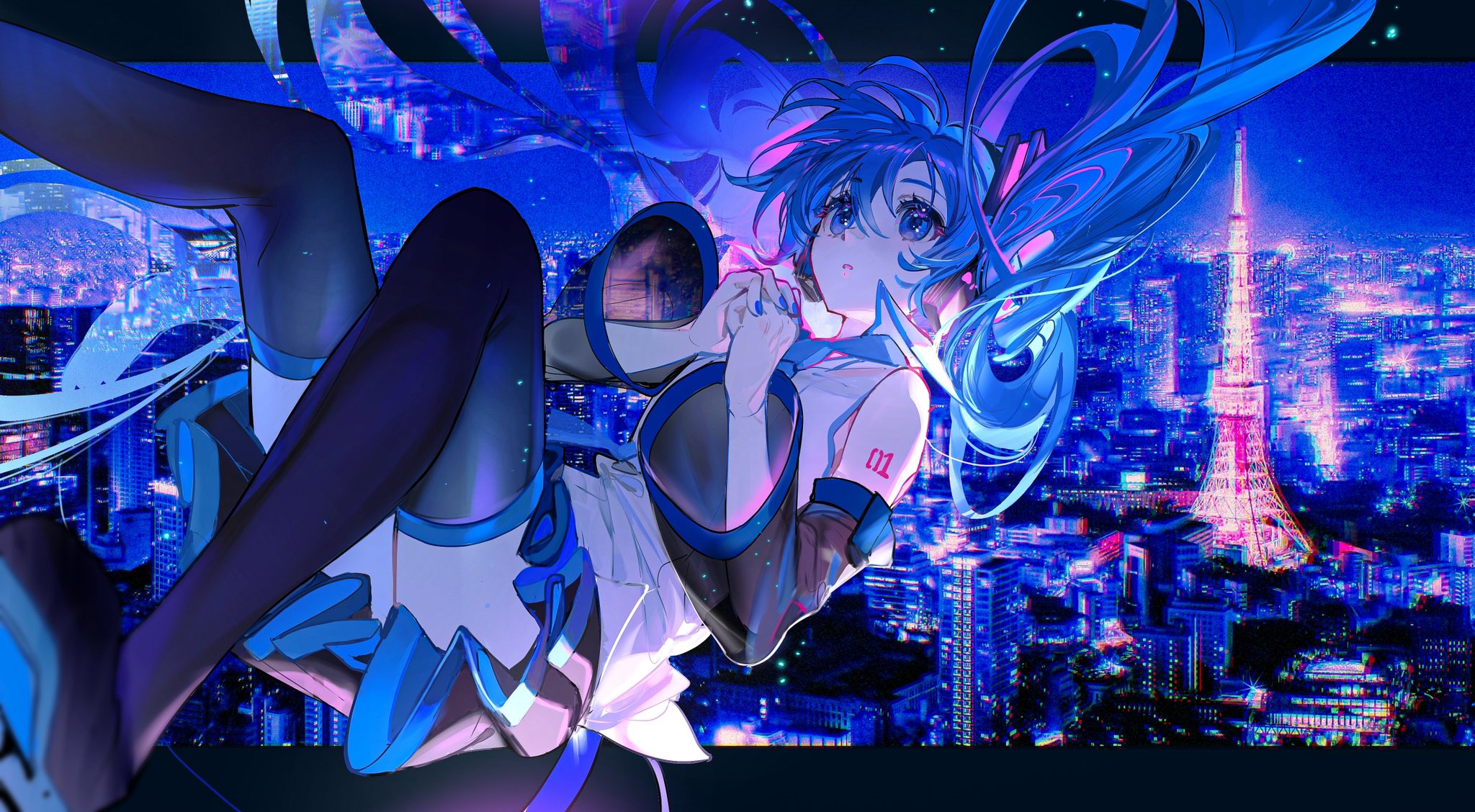 Anime Girls Hatsune Miku Falling Tokyo Tower Vocaloid Twintails Blue Hair Blue Eyes Long Hair Lookin 2048x1128