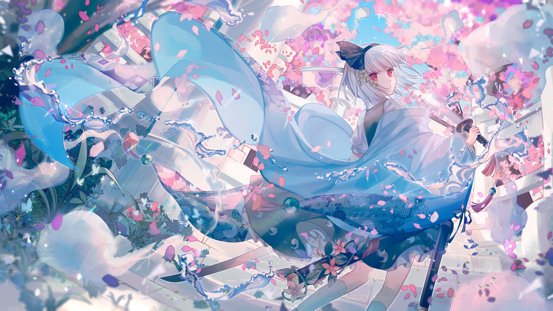 Anime Pixiv Anime Girls Touhou Konpaku Youmu Petals Hair Blowing In The Wind Sword Weapon Looking At 1778x1000