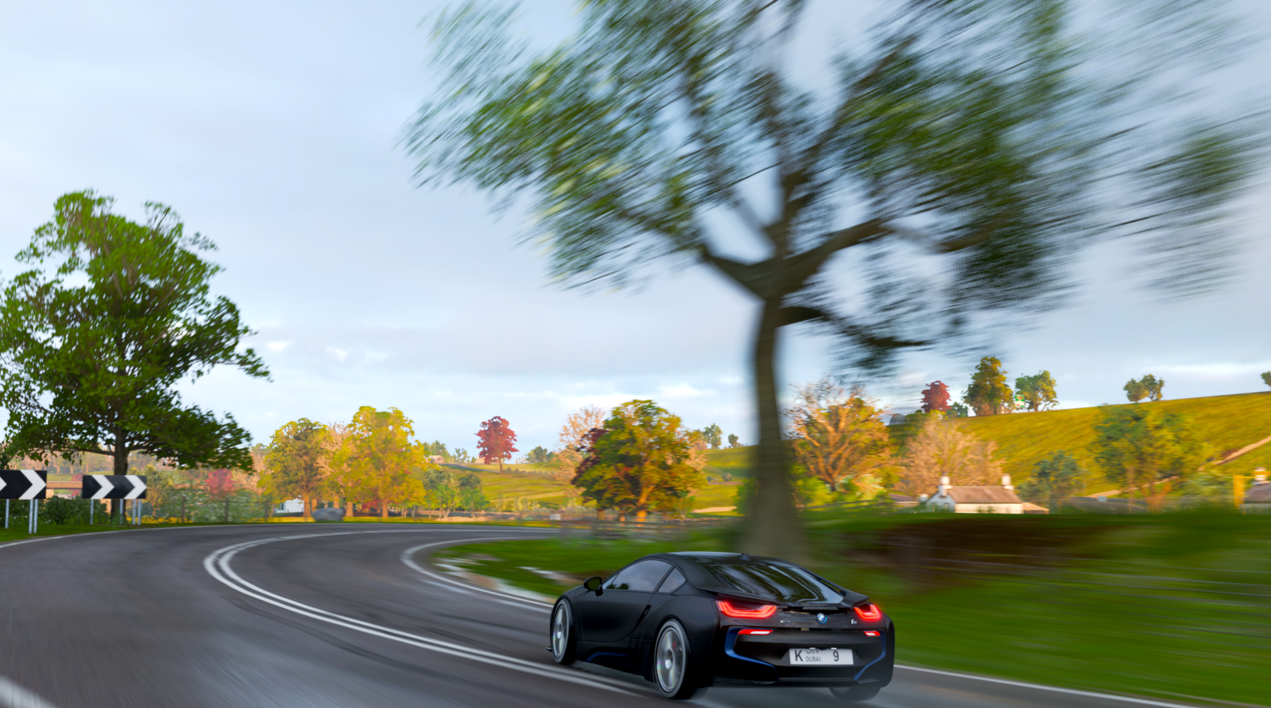 Horizon Line Art Taillights Depth Of Field Car Motion Blur Rear View Trees Clouds Sky Driving 2560x1427
