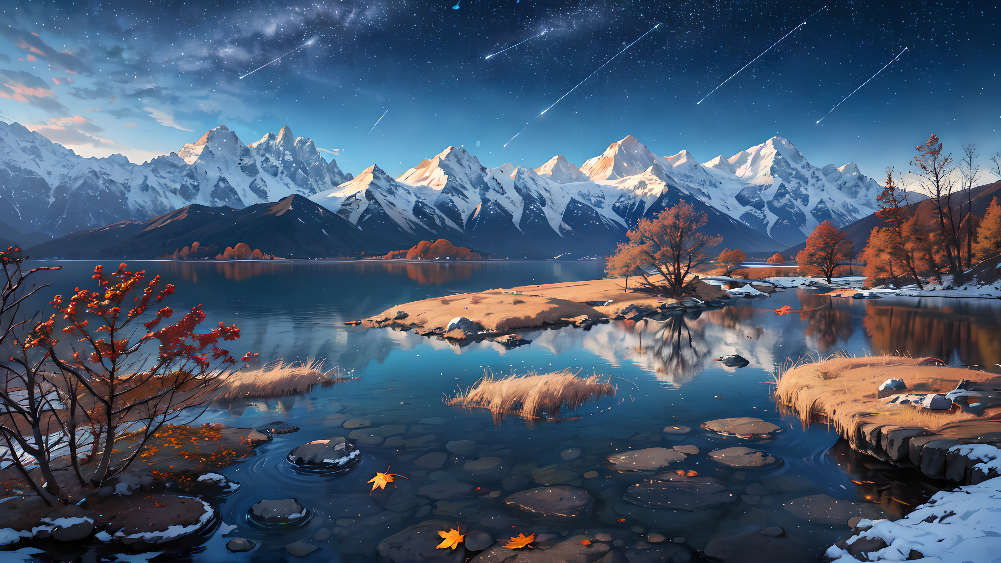 Ai Art Snowy Peak Water Snow Covered Mountains Maple Leaf Snow Nature Reflection Trees Leaves Sky St 3840x2160