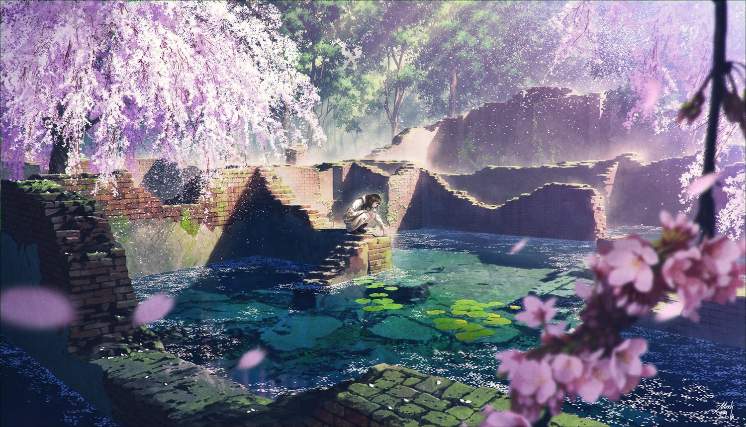 Cherry Blossom Water Ruins Petals Trees Lily Pads Anime Girls Stairs Sunlight 1500x859